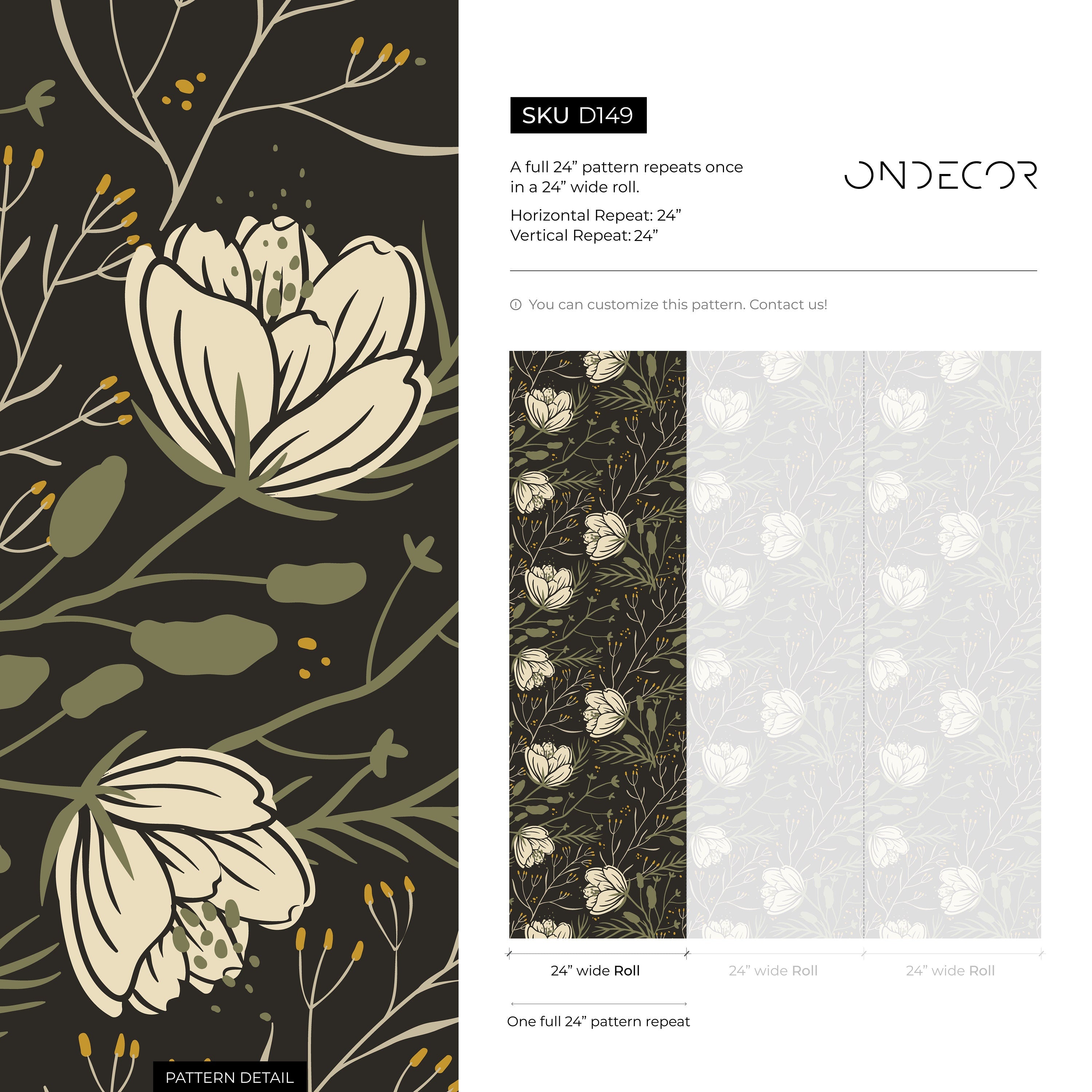 Scandinavian Floral Wallpaper With Folk Art Blooms In Dark Gray, Cream, And Green - D149
