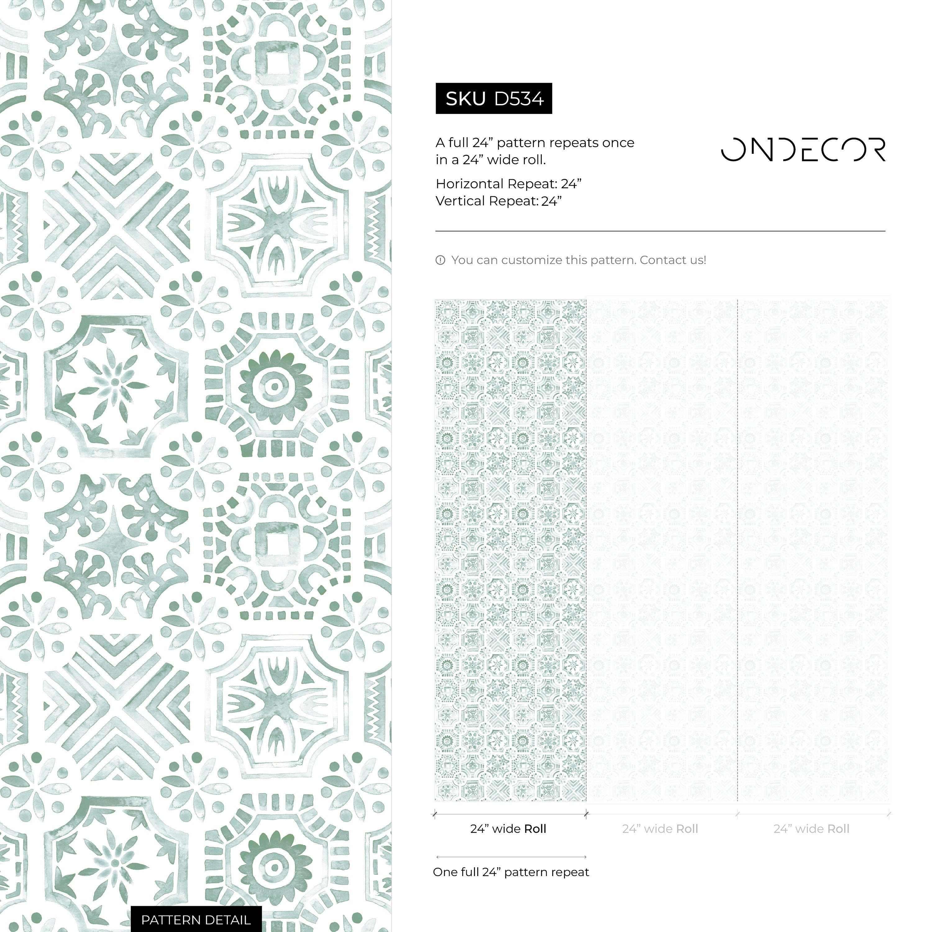 Tile Wallpaper With A Watercolor Mediterranean Motif In Green And Gray - D534