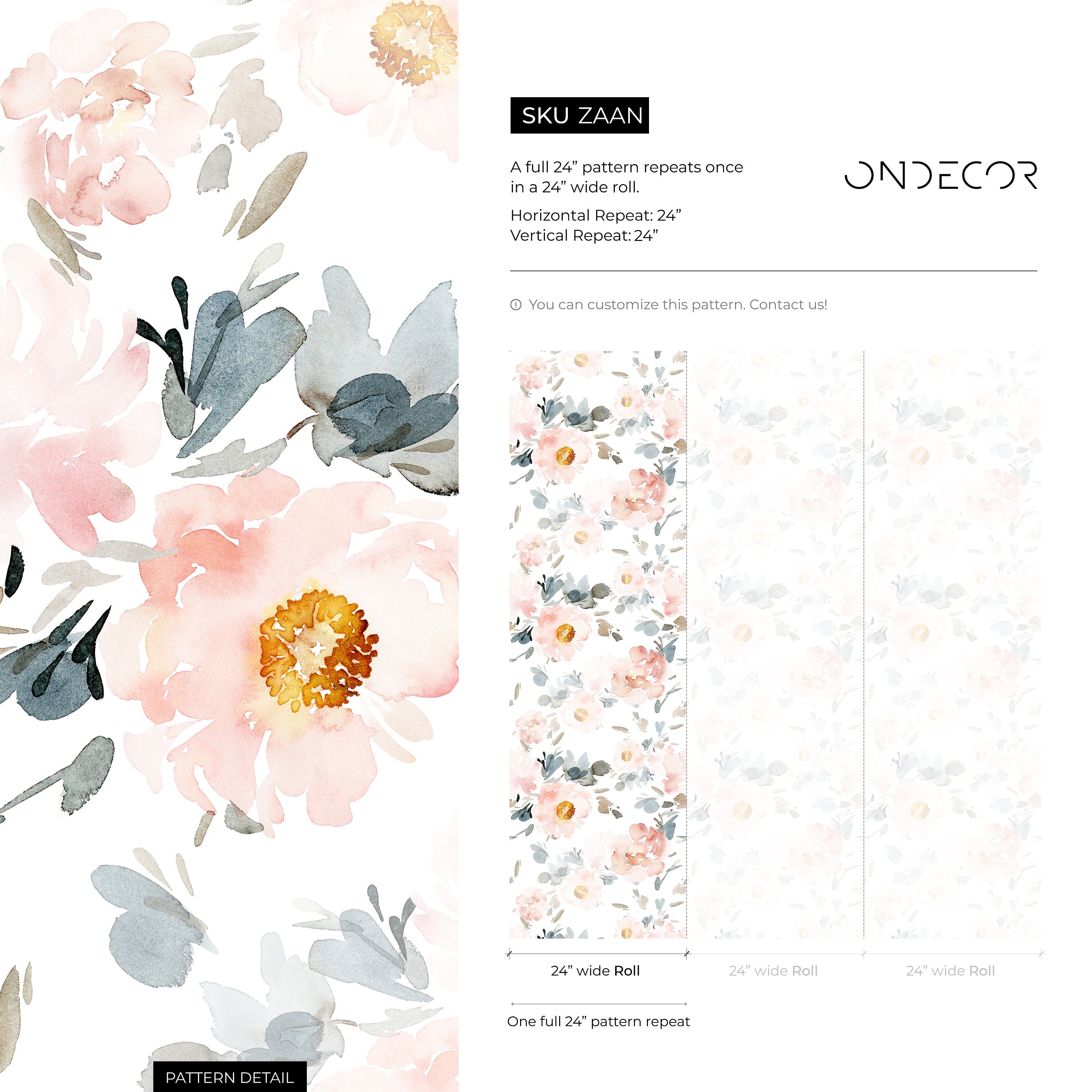 Floral Wallpaper With Large Watercolor Peonies In Pink, Blue, And Taupe - Zaan