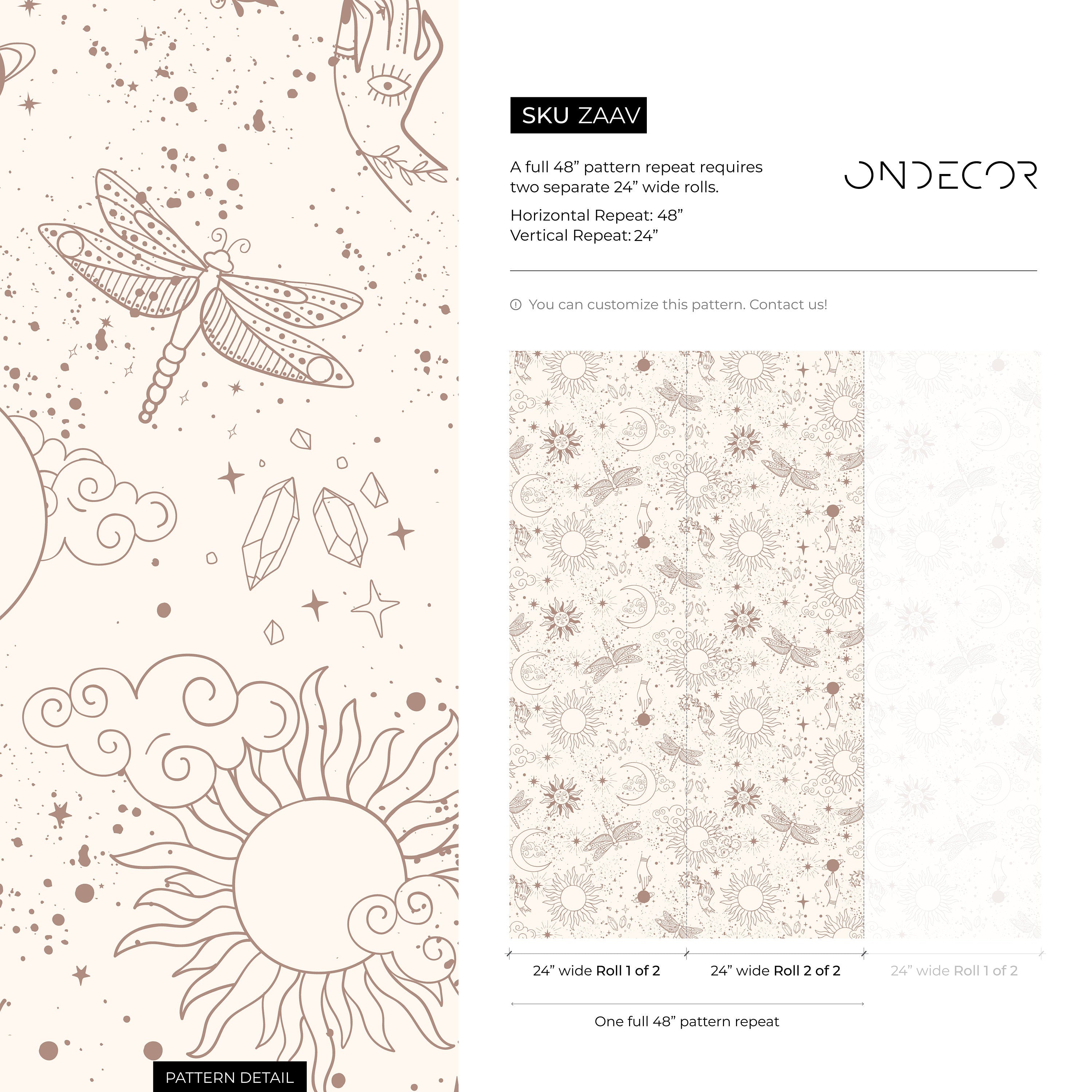 Celestial Wallpaper With Sun, Moon, And Dragonfly Motifs In Mauve - Zaav