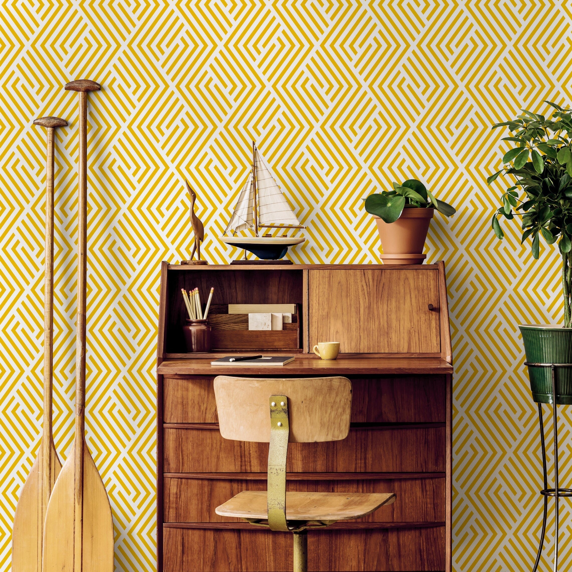 Geometric Wallpaper With A Minimalist Maze Motif In Yellow - B246