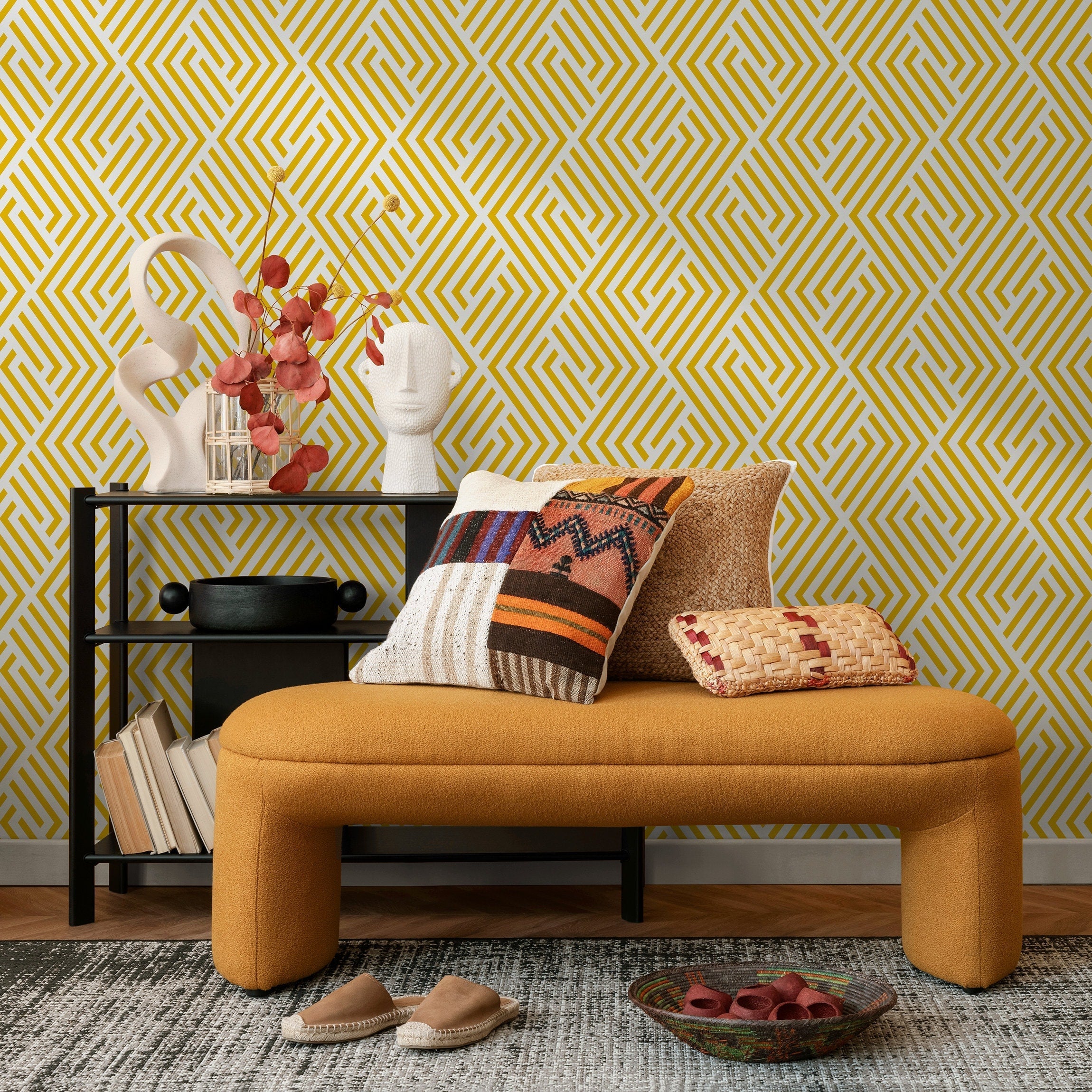 Geometric Wallpaper With A Minimalist Maze Motif In Yellow - B246