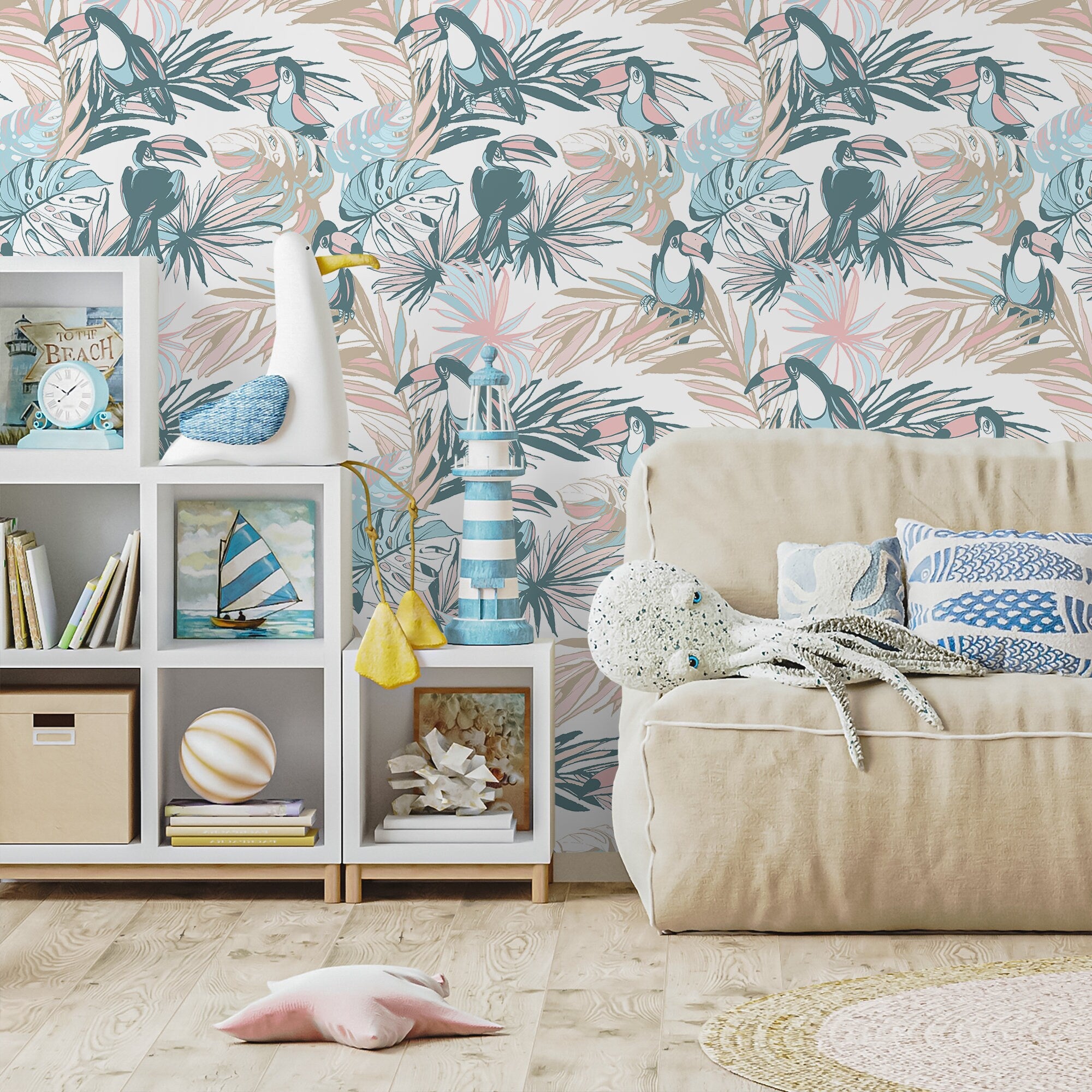 Tropical Wallpaper With Toucans And Palm Leaves In Teal, Pink, And Blue - B249