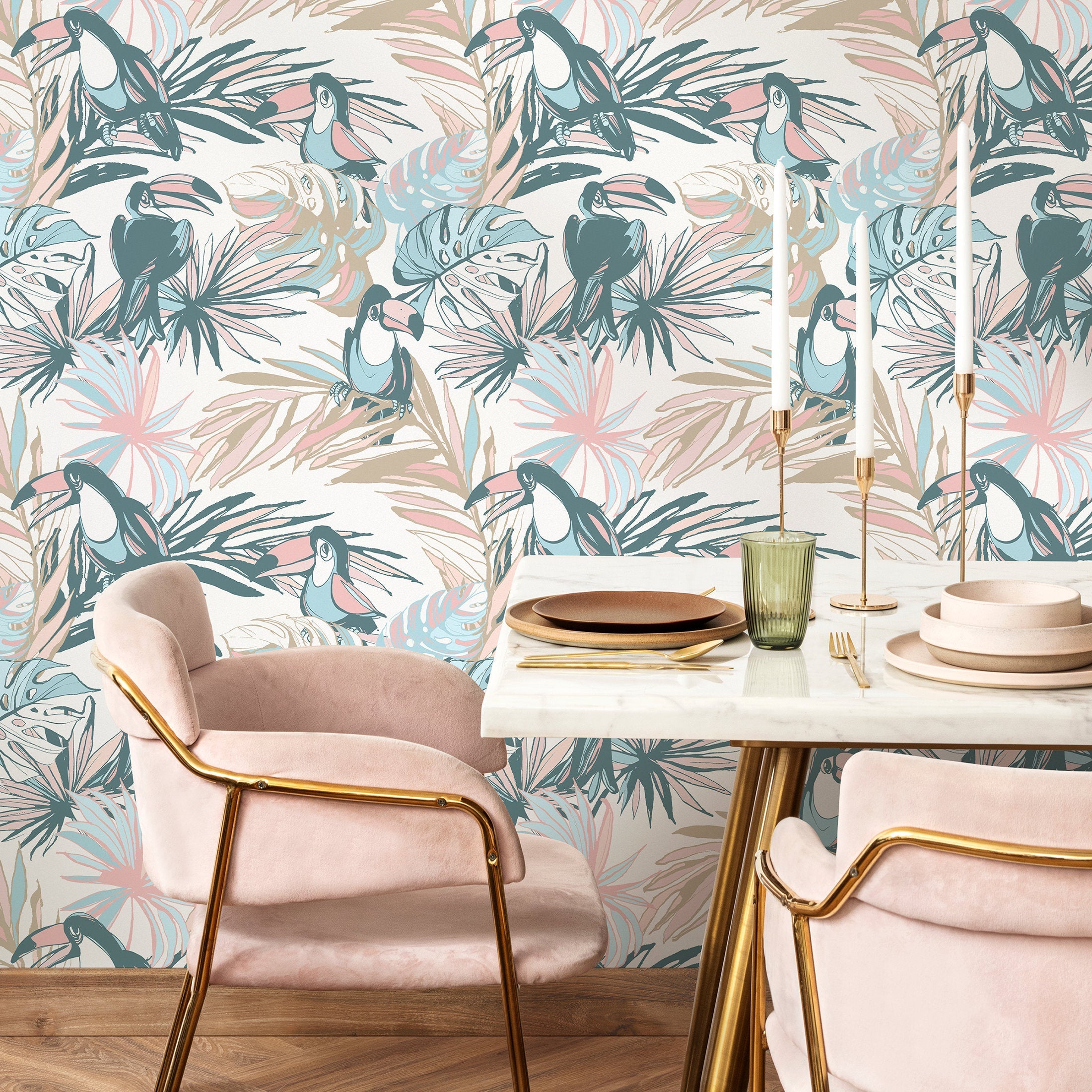 Tropical Wallpaper With Toucans And Palm Leaves In Teal, Pink, And Blue - B249