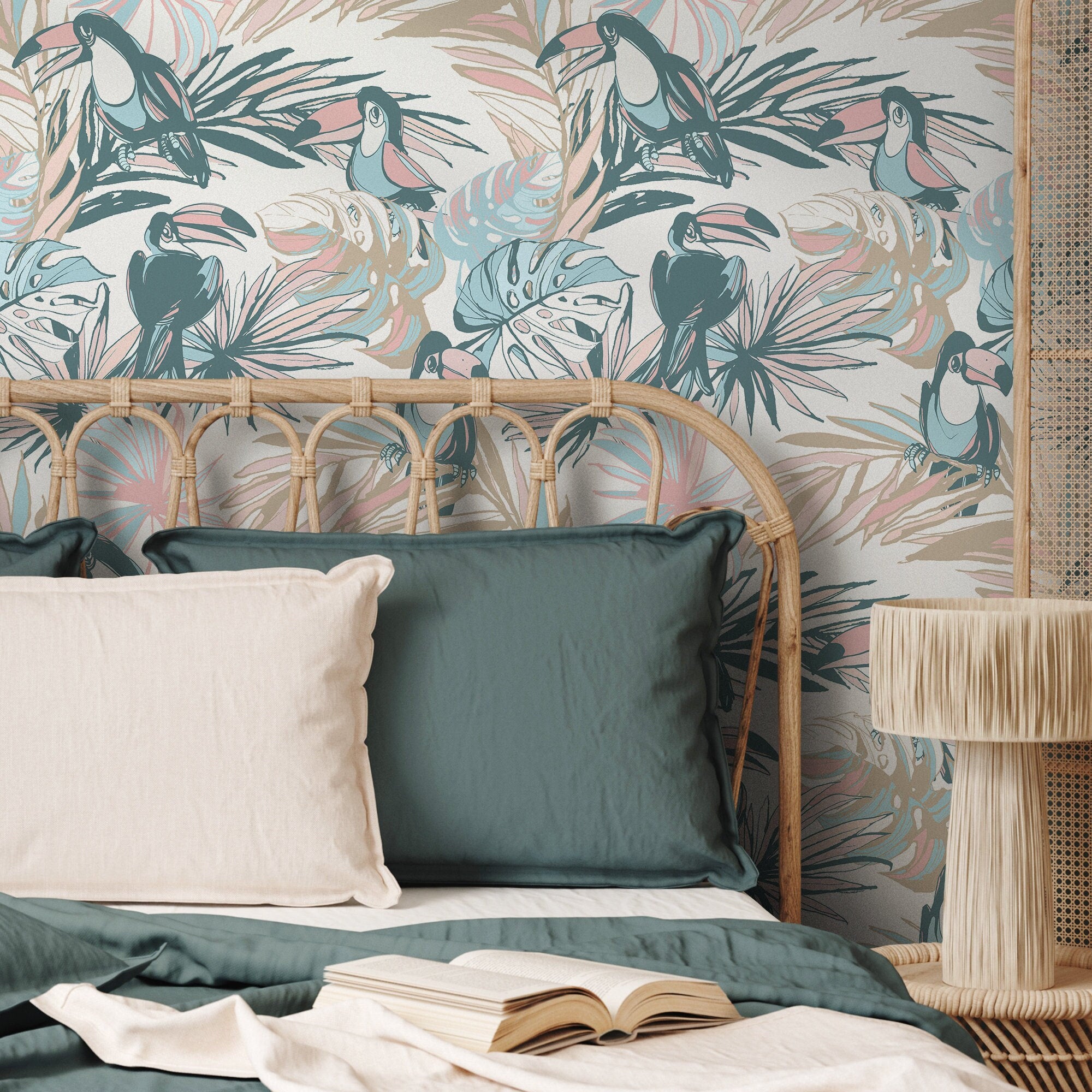 Tropical Wallpaper With Toucans And Palm Leaves In Teal, Pink, And Blue - B249