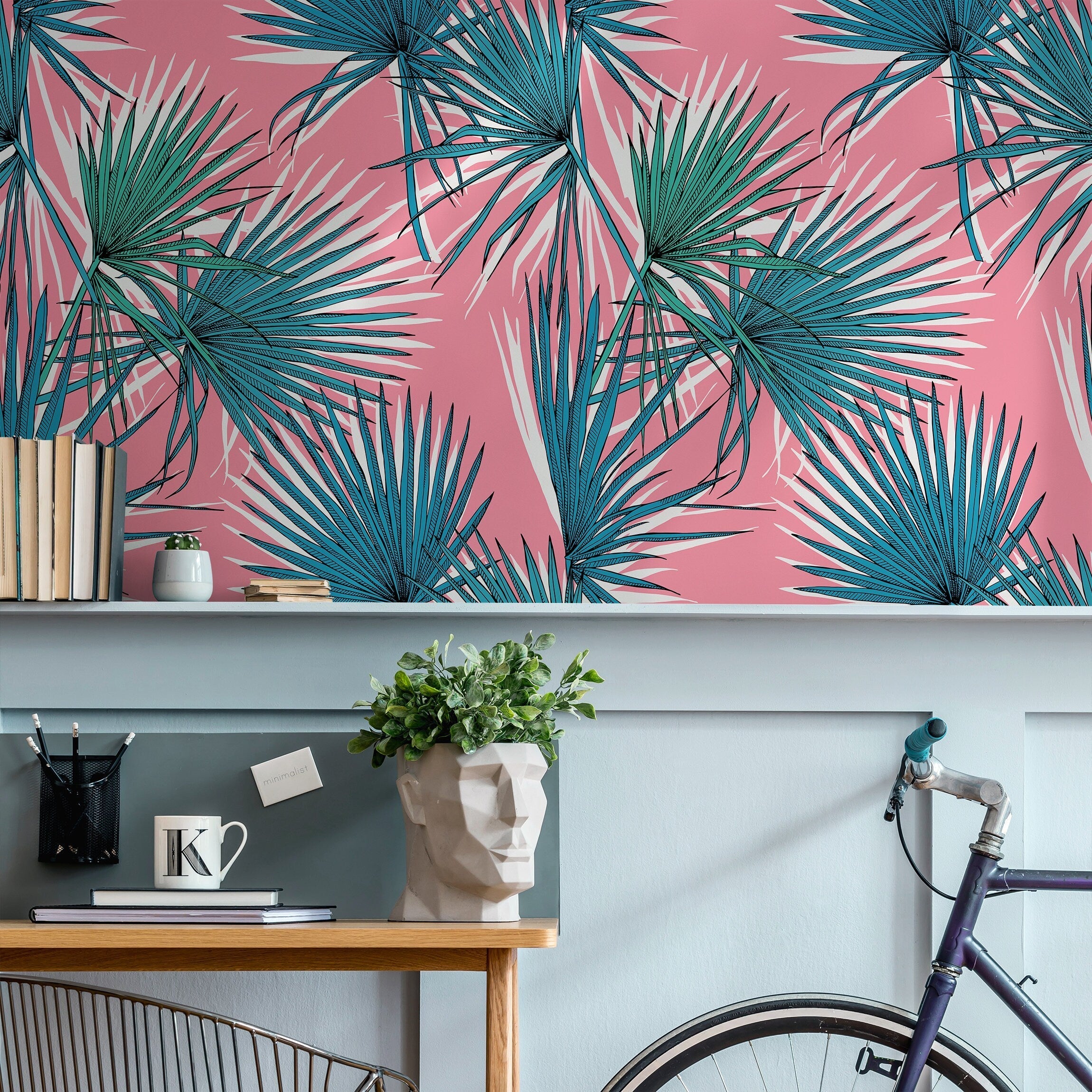 Tropical Wallpaper With Stylized Fan Palm Leaves In Pink, Teal, And Green - B251