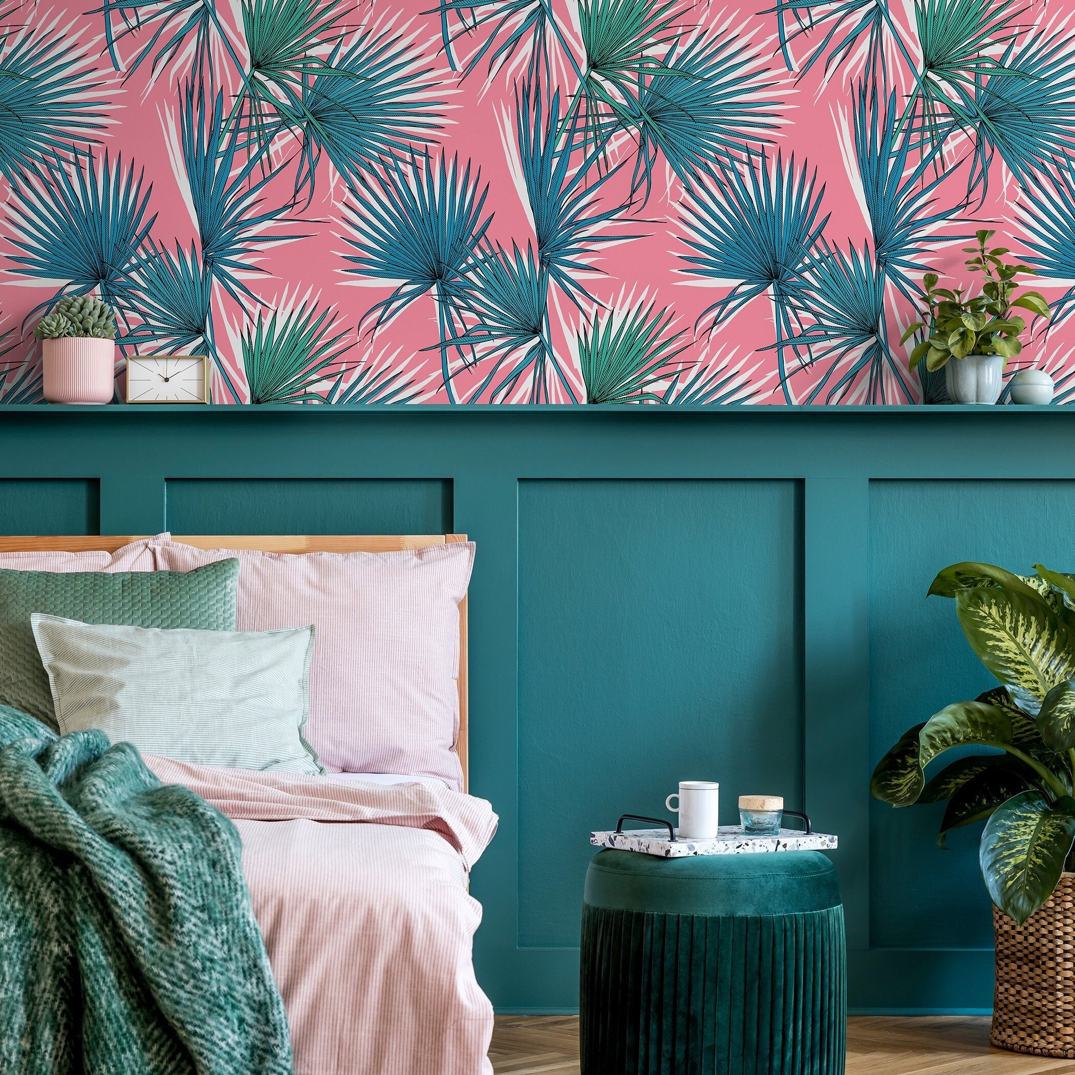 Tropical Wallpaper With Stylized Fan Palm Leaves In Pink, Teal, And Green - B251