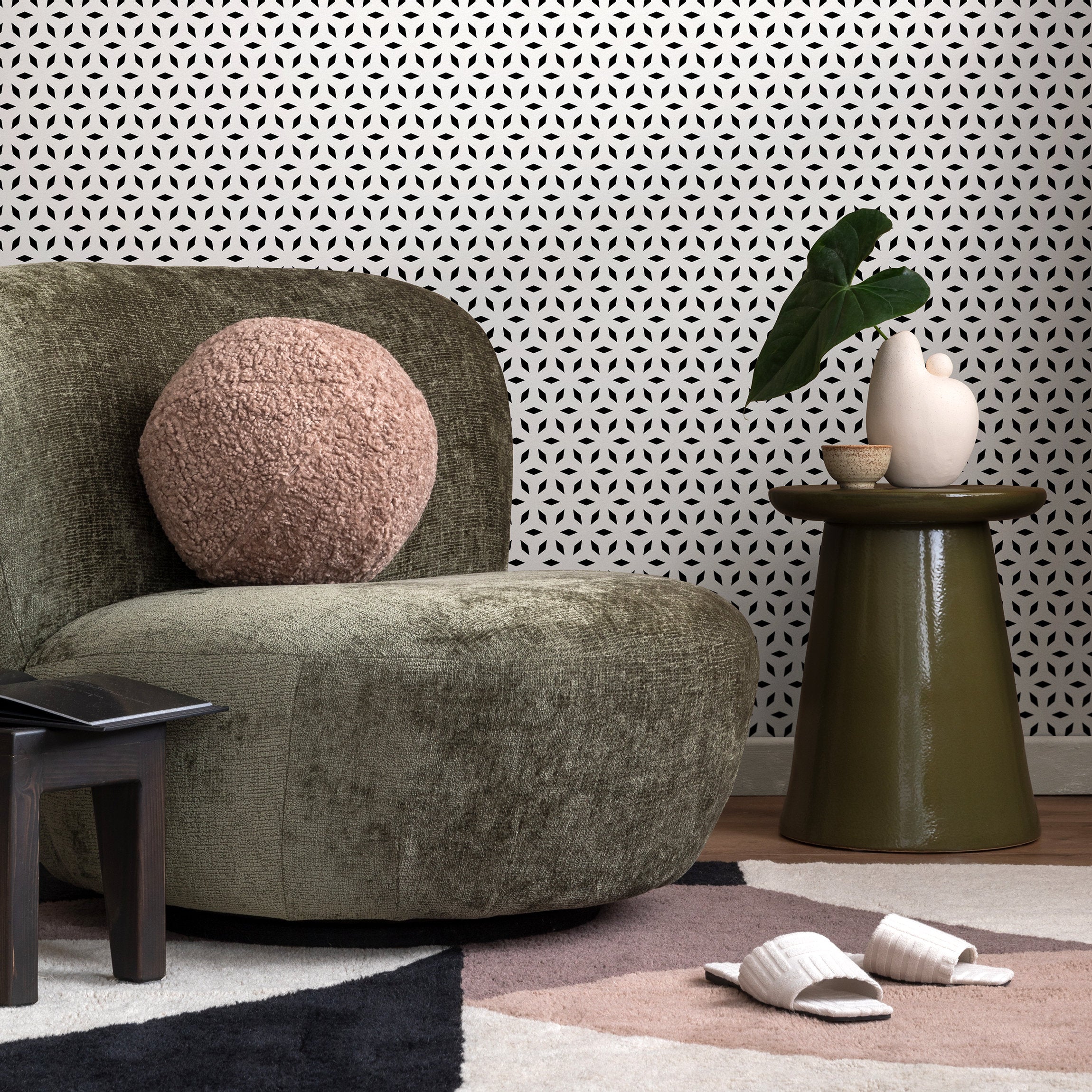 Geometric Wallpaper With A Repeating Starburst Motif In Black And White - B252