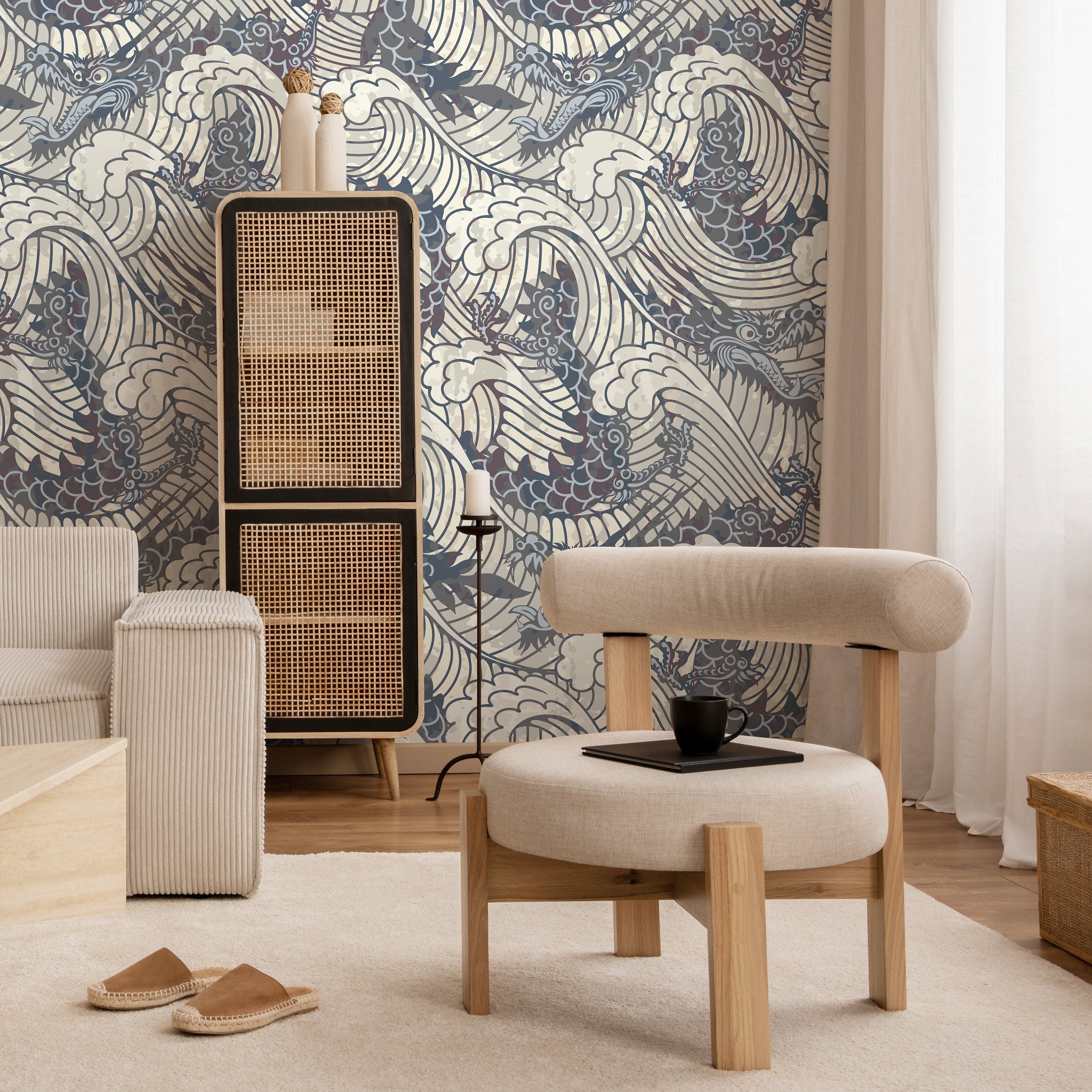 Japanese Wallpaper With A Dragon And Wave Motif In Gray And Beige - B257
