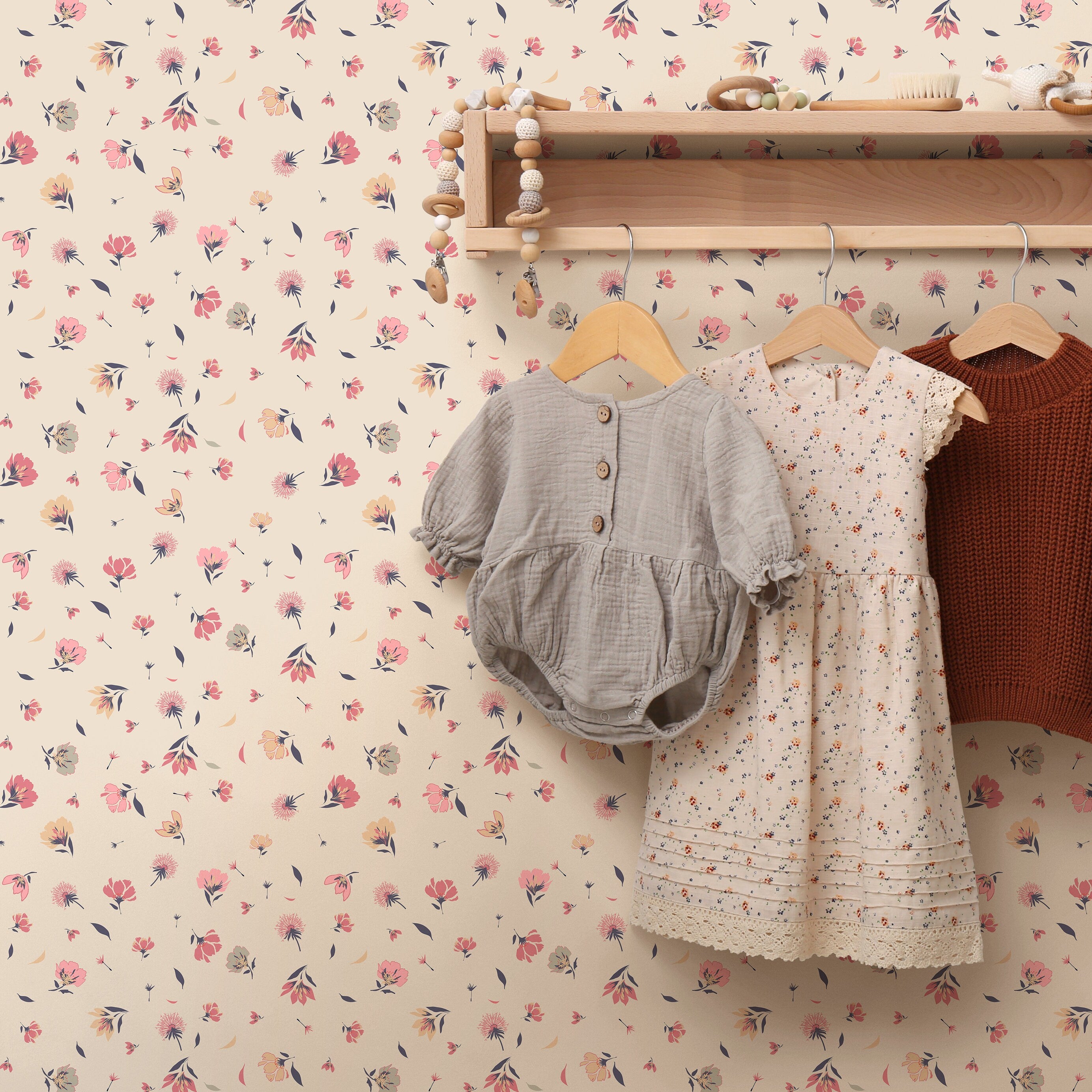 Floral Wallpaper With Dainty Wildflowers In Pink, Yellow, And Blue - B258