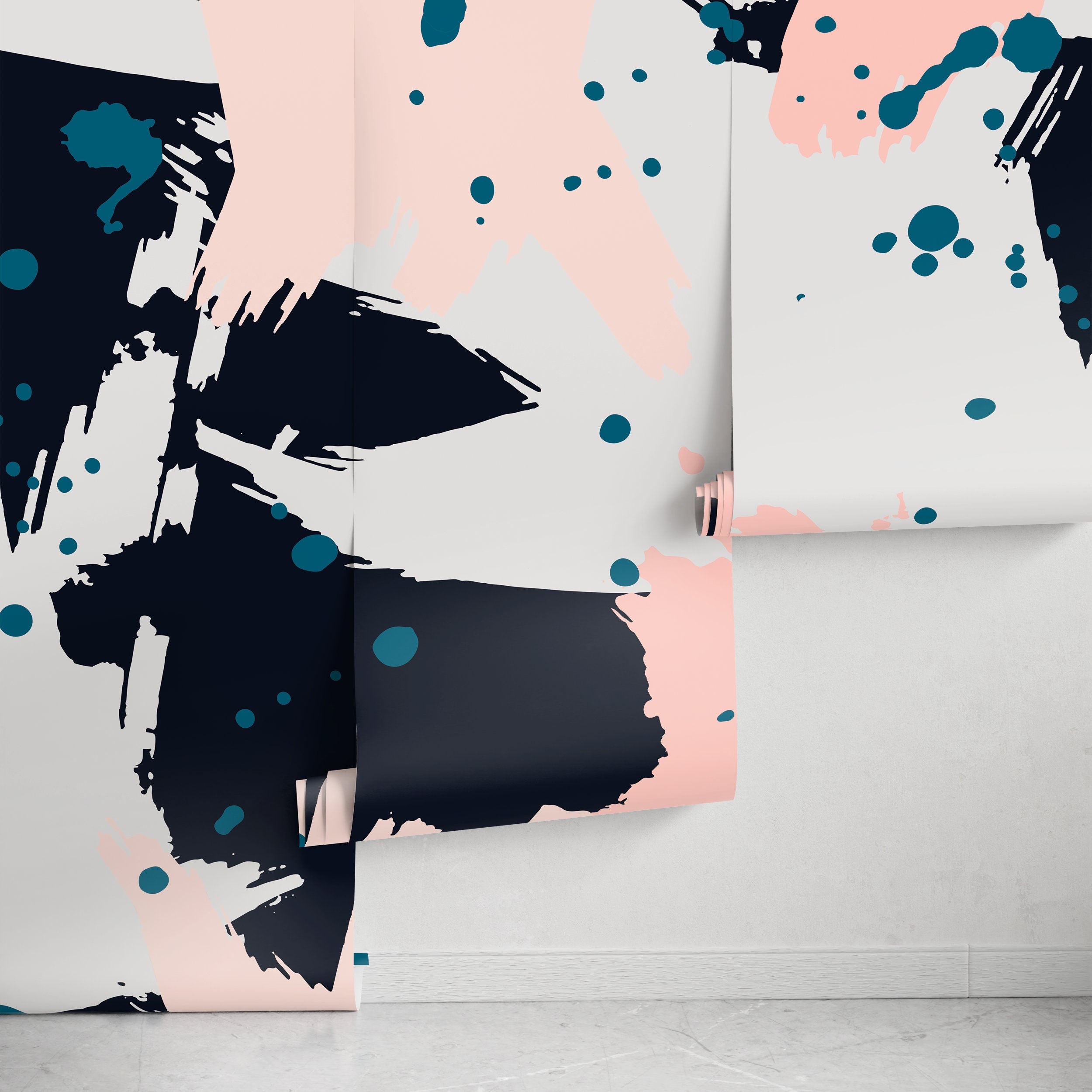 Abstract Wallpaper With Artistic Brush Strokes In Pink, Navy, And Teal - B263