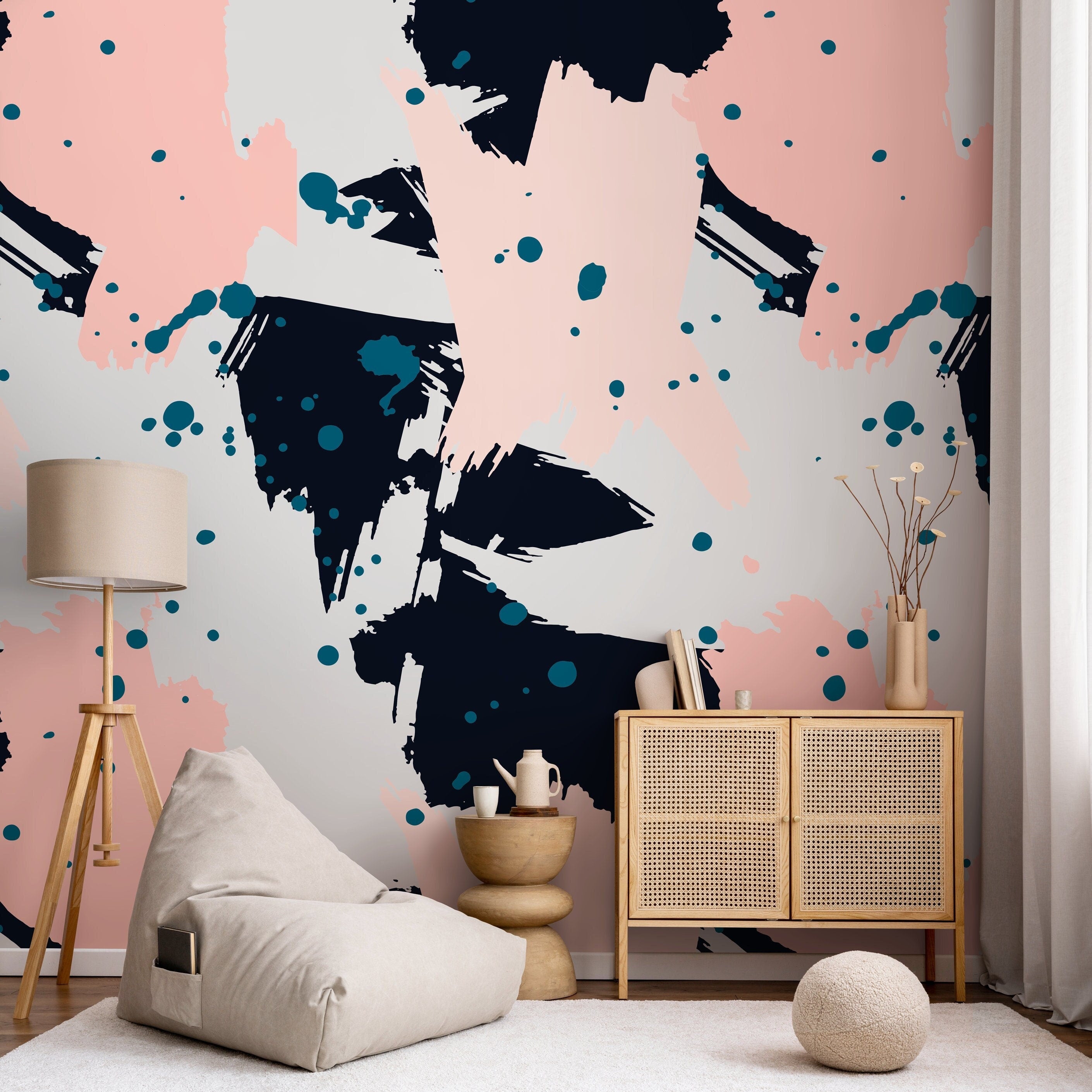 Abstract Wallpaper With Artistic Brush Strokes In Pink, Navy, And Teal - B263