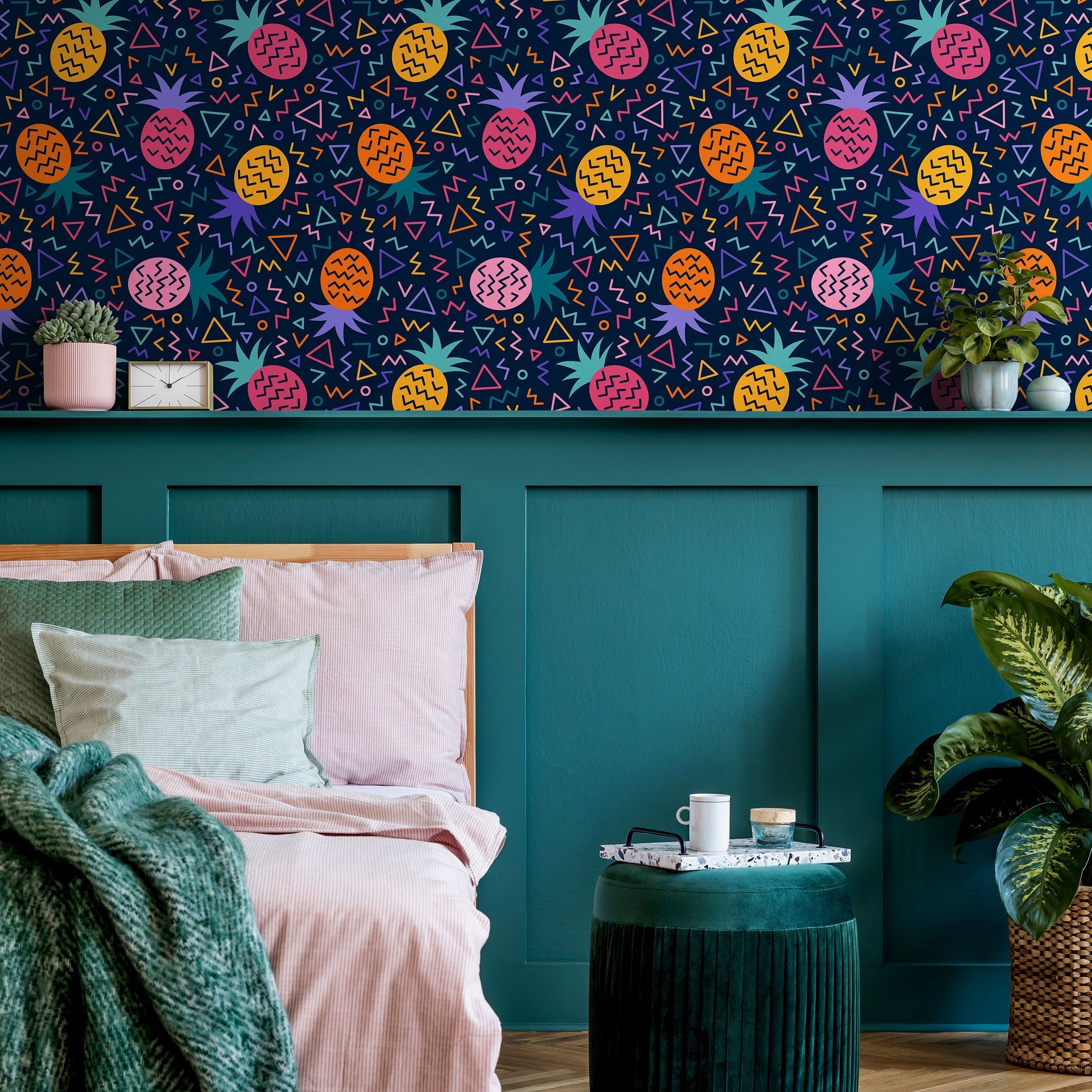 Geometric Wallpaper With A Retro Pineapple Motif In Pink, Orange, And Yellow - B267