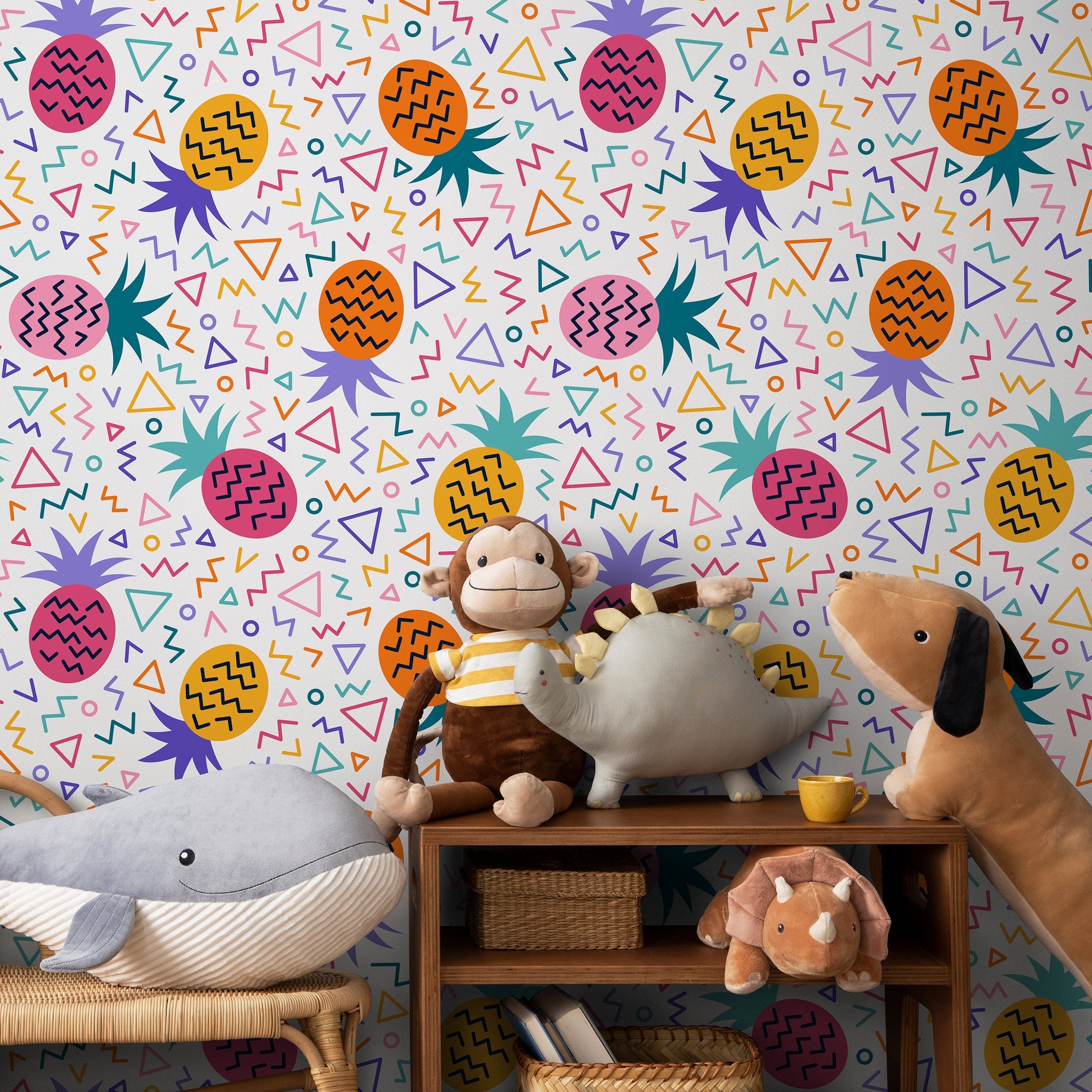 Pineapple Wallpaper With Geometric Shapes In Pink, Orange, And Teal - B268