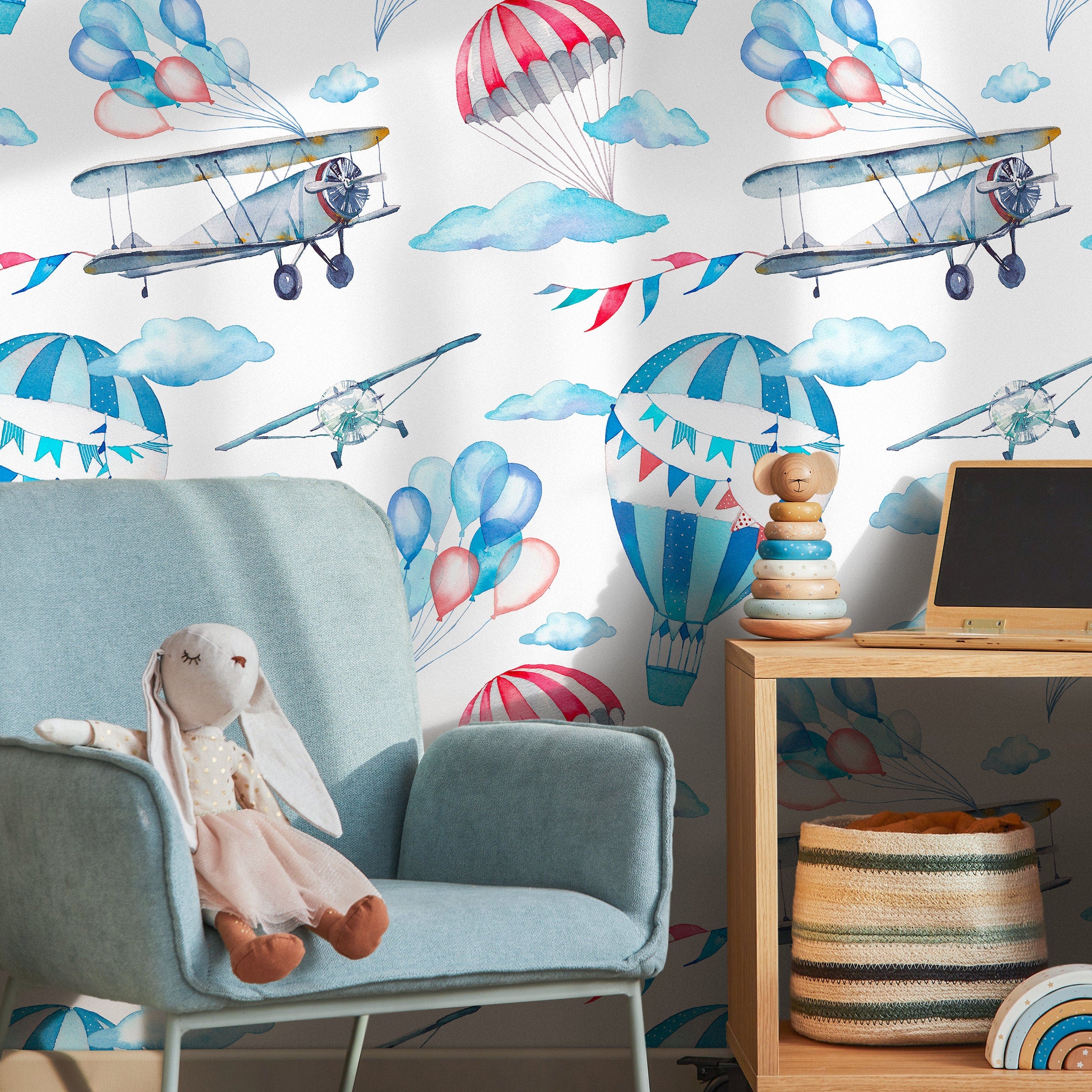Kids Wallpaper With Airplanes And Hot Air Balloons In Blue And Red - B270