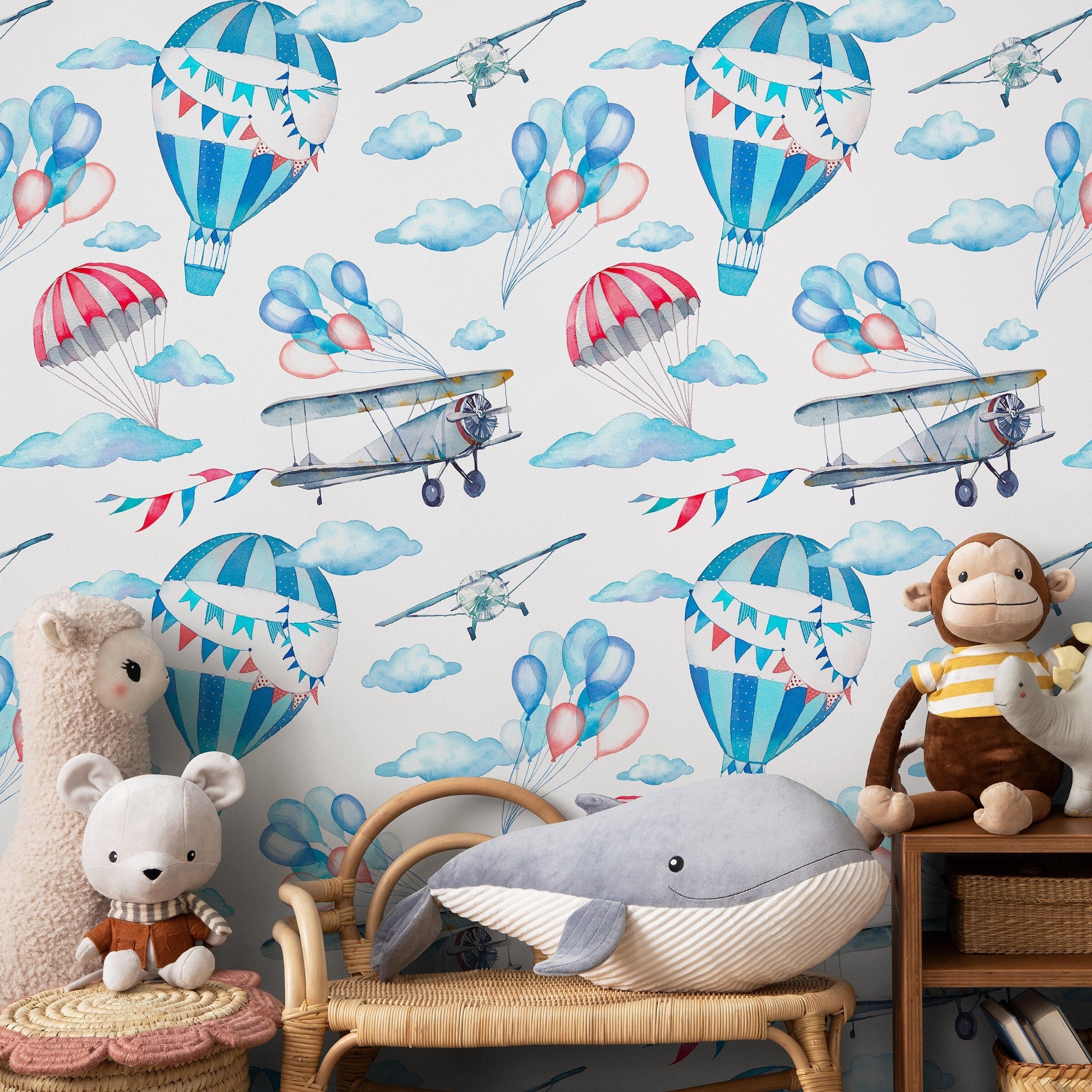 Kids Wallpaper With Airplanes And Hot Air Balloons In Blue And Red - B270