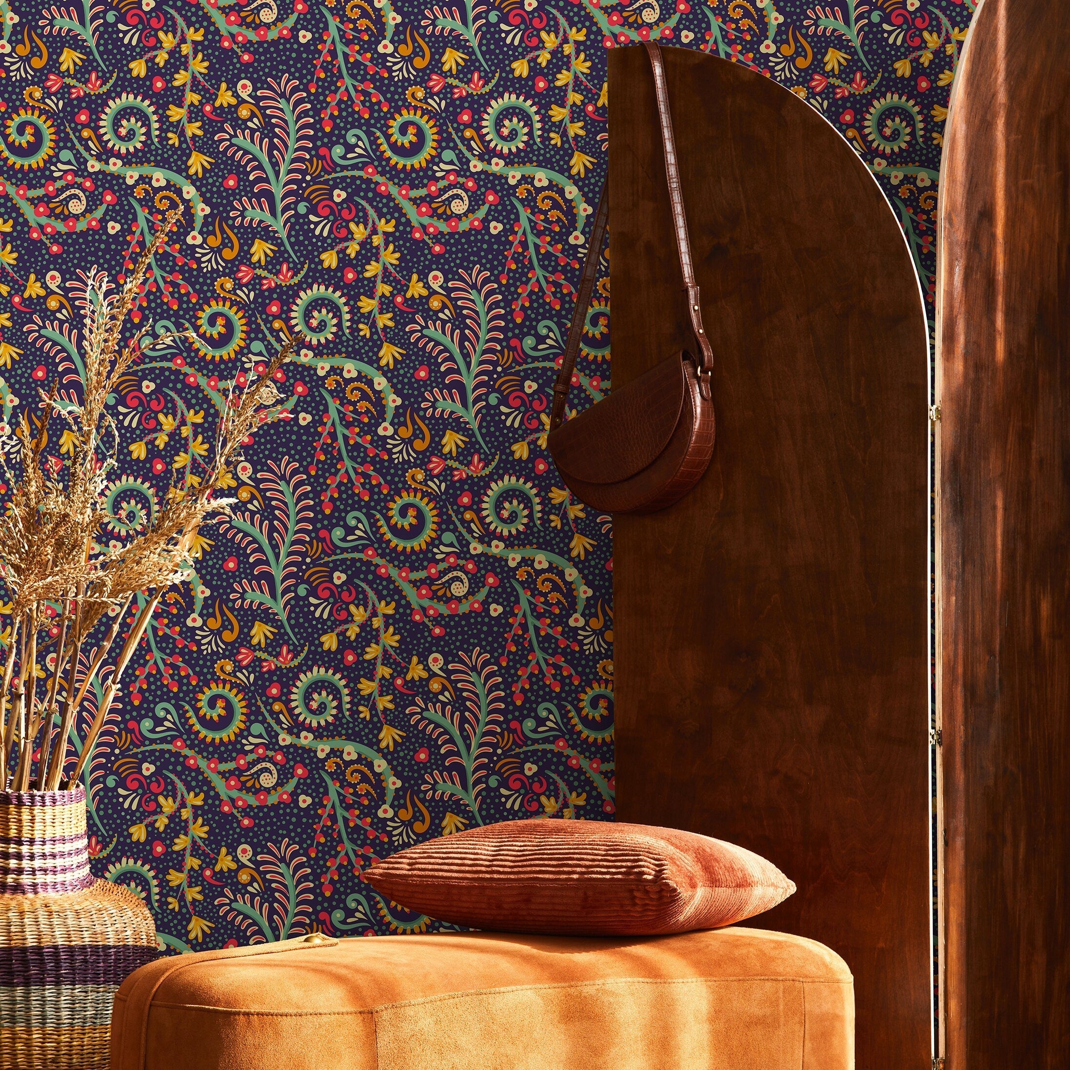 Folk Art Wallpaper With Intricate Paisley Motifs In Red, Yellow, And Teal - B271