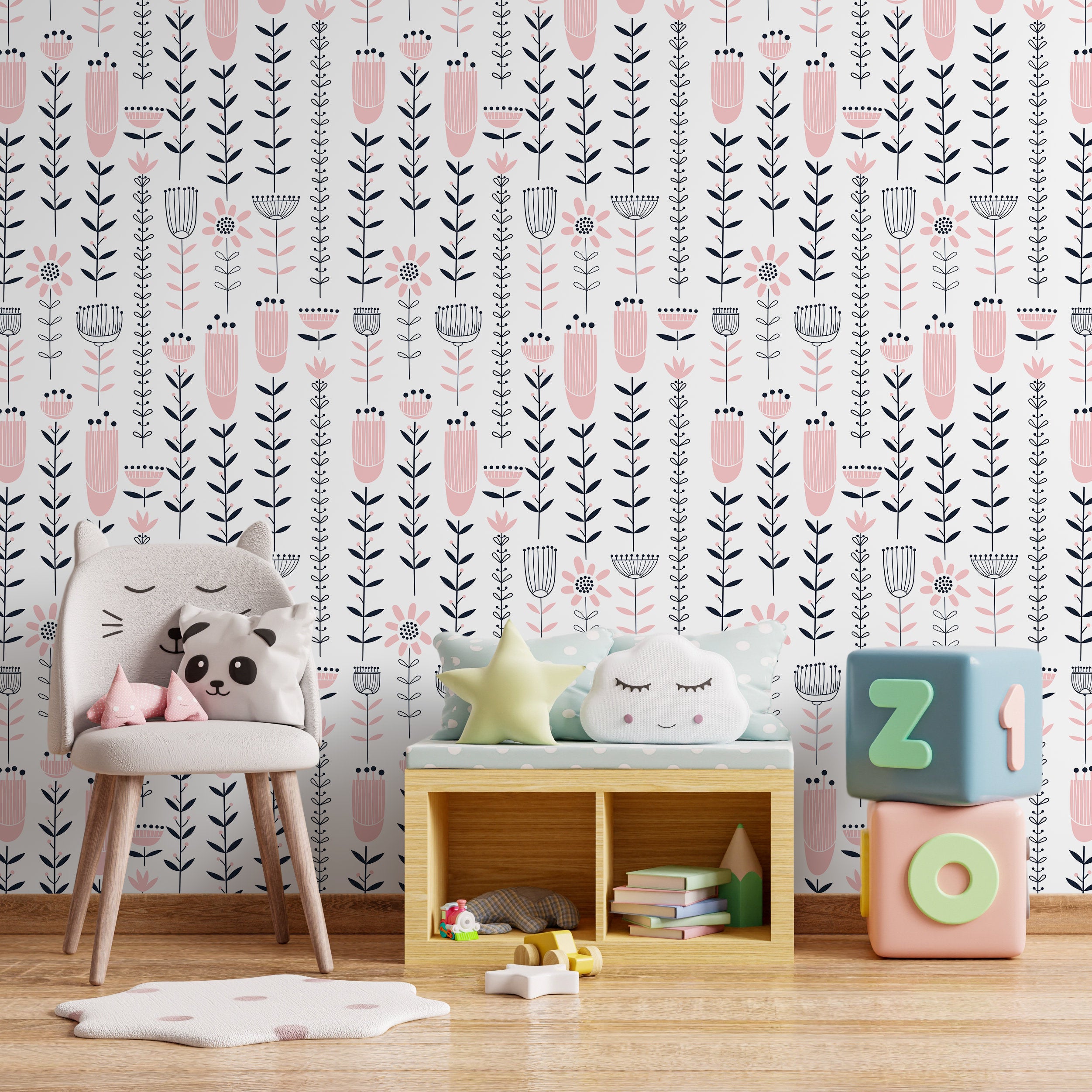 Floral Wallpaper With A Stylized Folk Art Motif In Pink And Black - B273