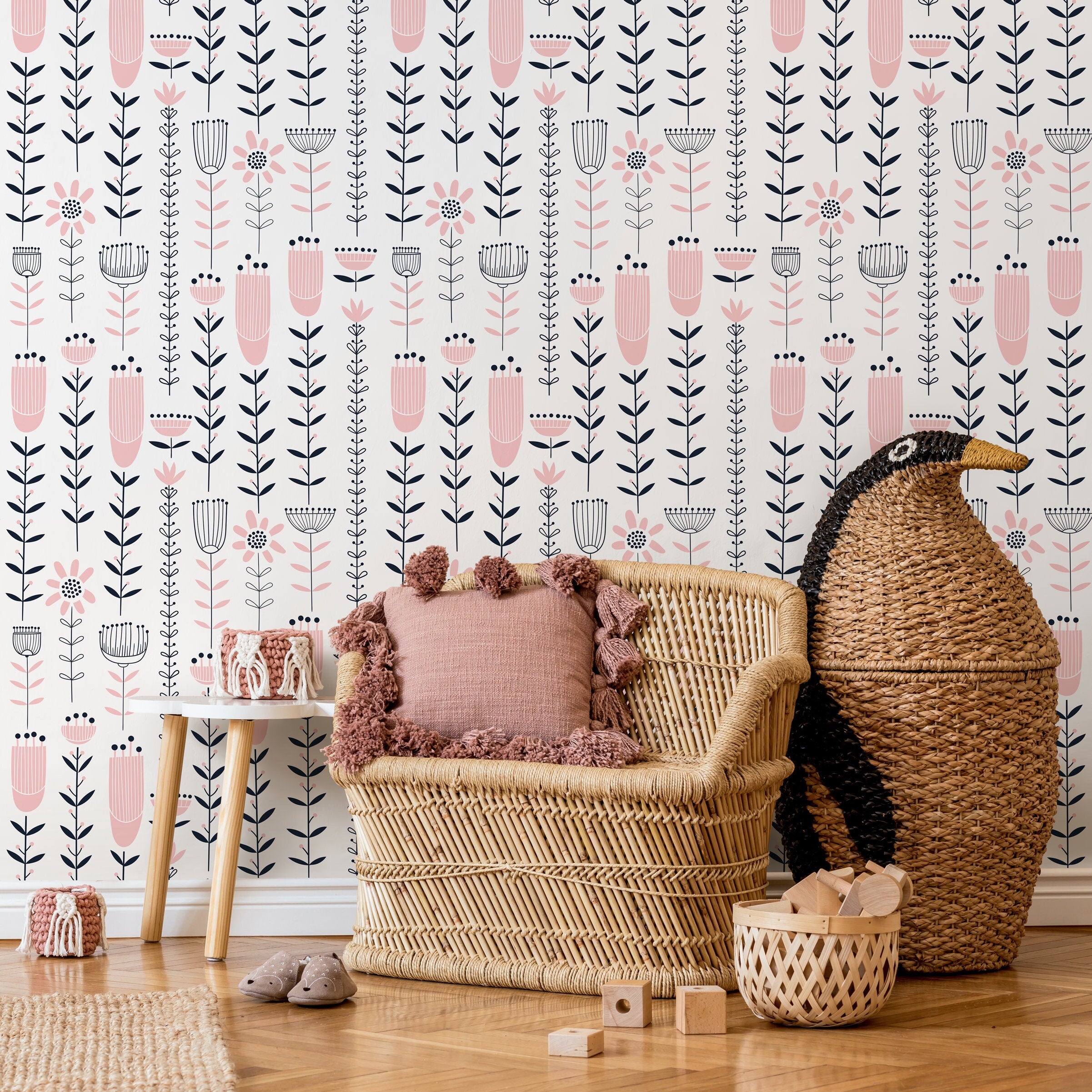Floral Wallpaper With A Stylized Folk Art Motif In Pink And Black - B273