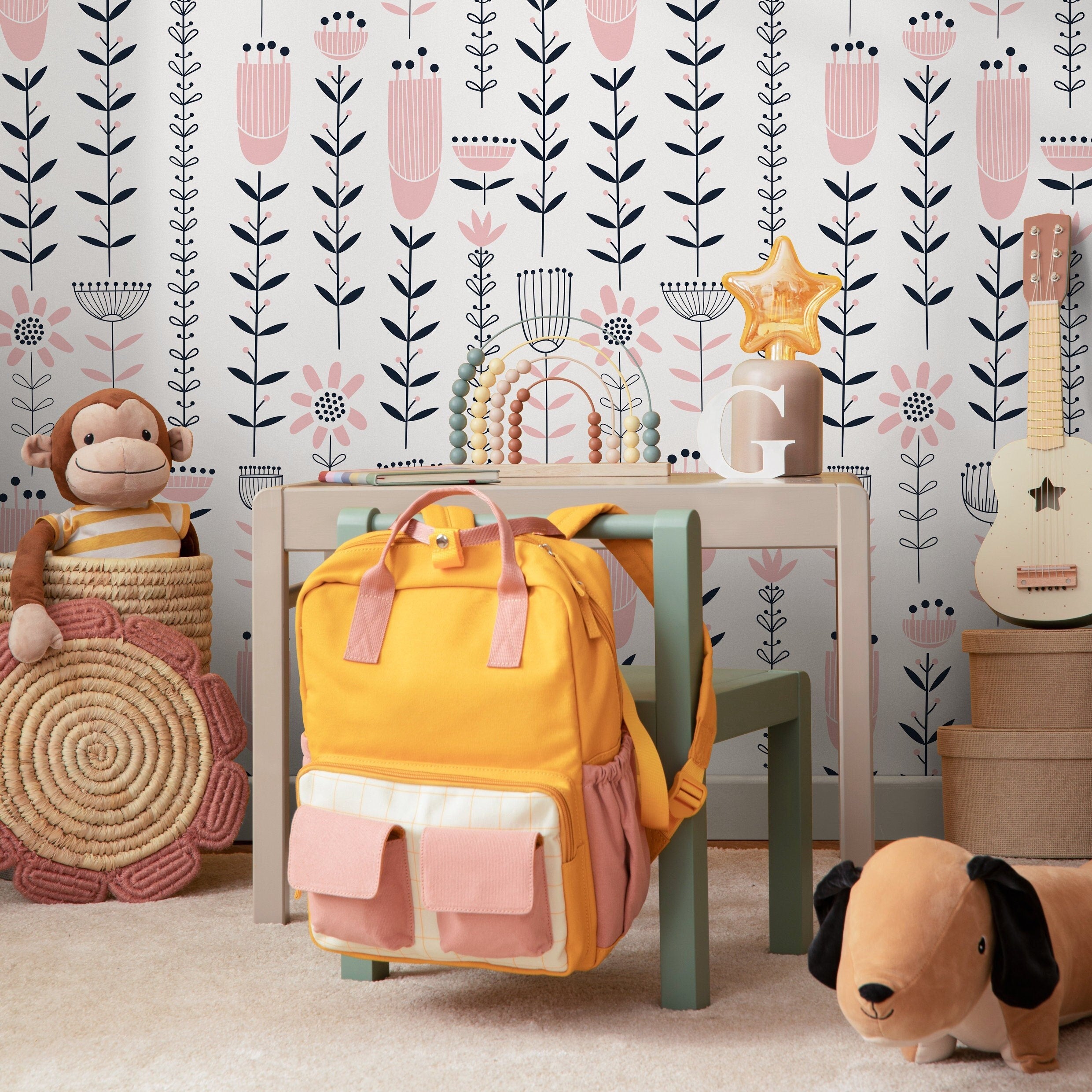 Floral Wallpaper With A Stylized Folk Art Motif In Pink And Black - B273