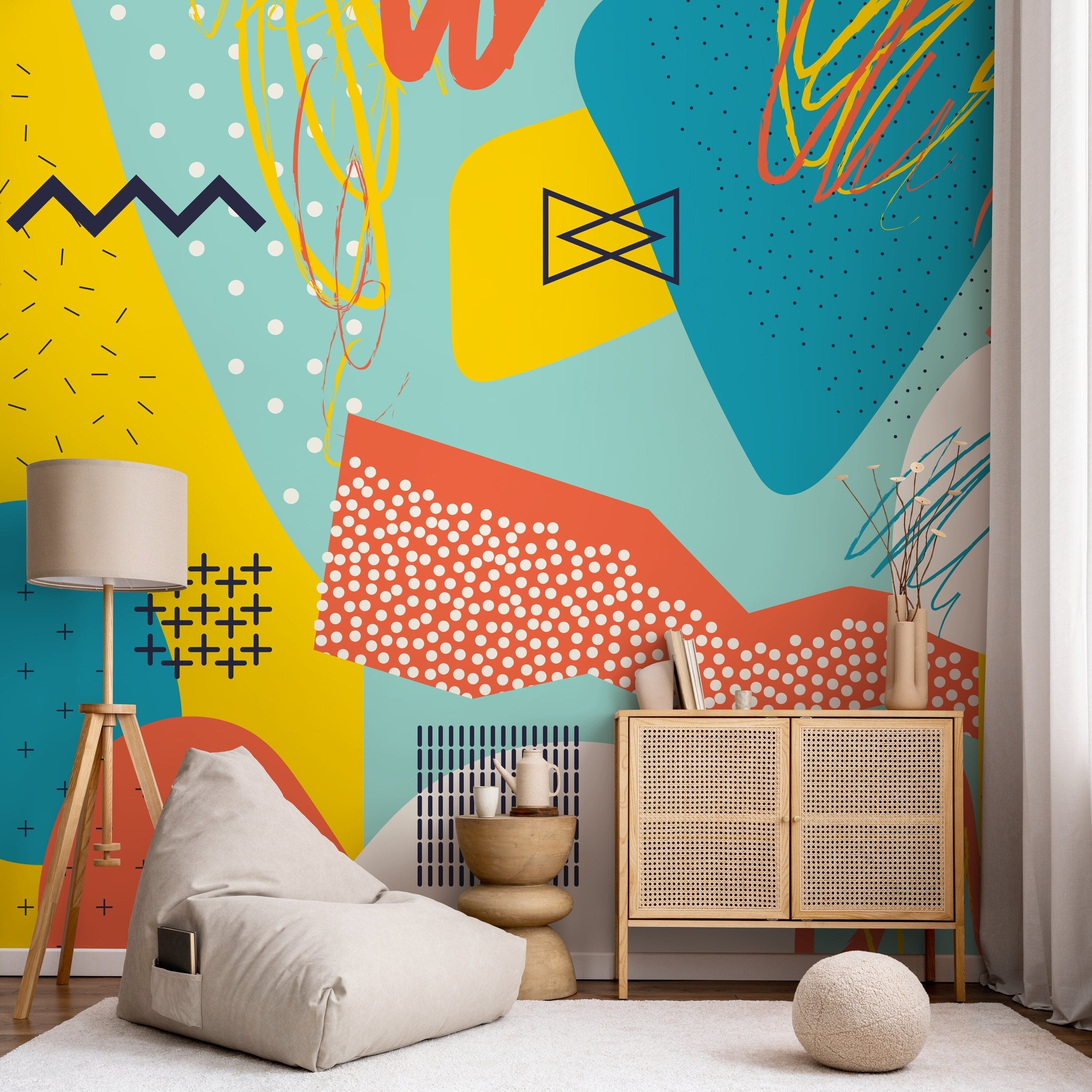Abstract Wallpaper With Pop Art Motifs In Yellow, Teal, And Orange - A518