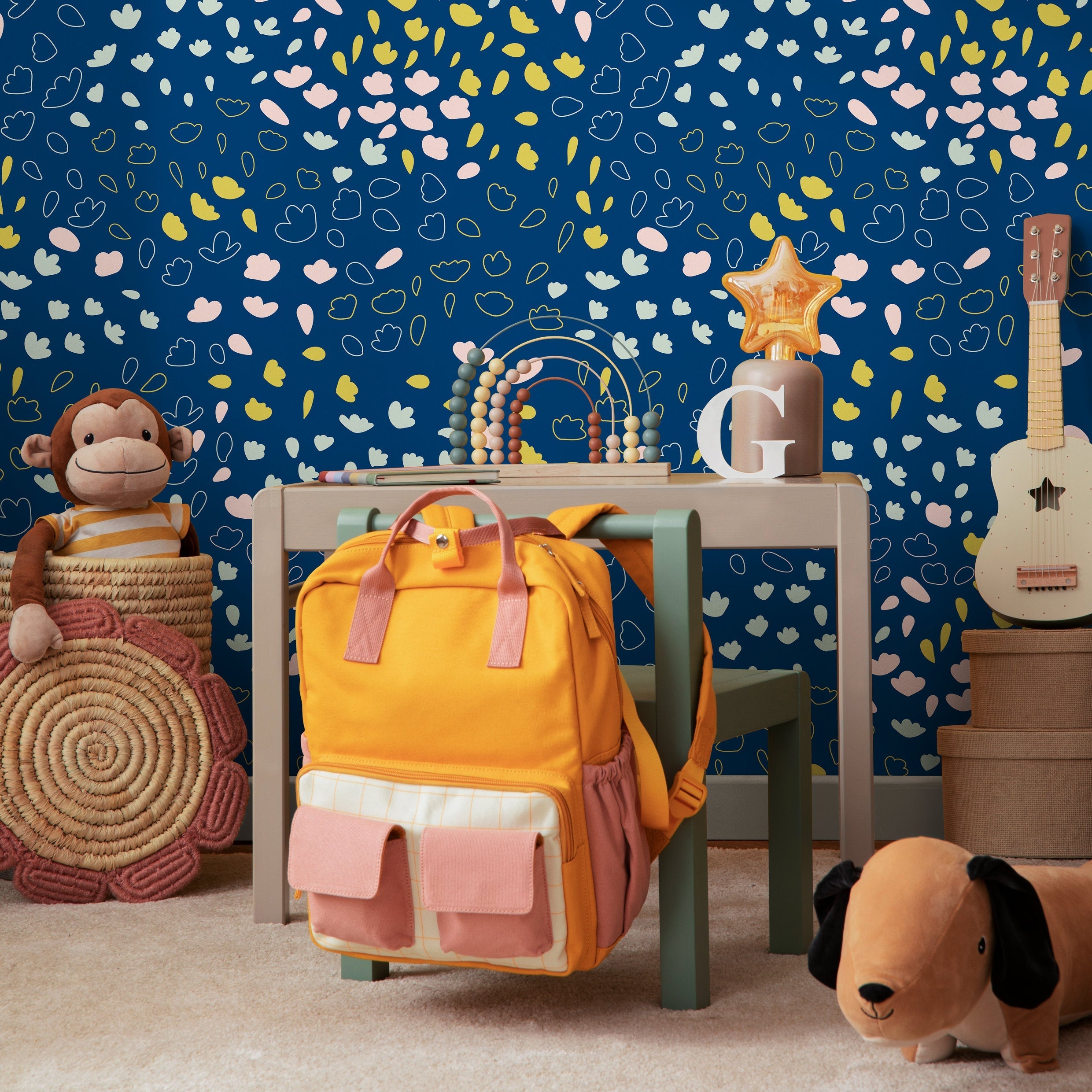 Abstract Wallpaper With Hand-drawn Florals In Blue, Yellow, And Pink - B422