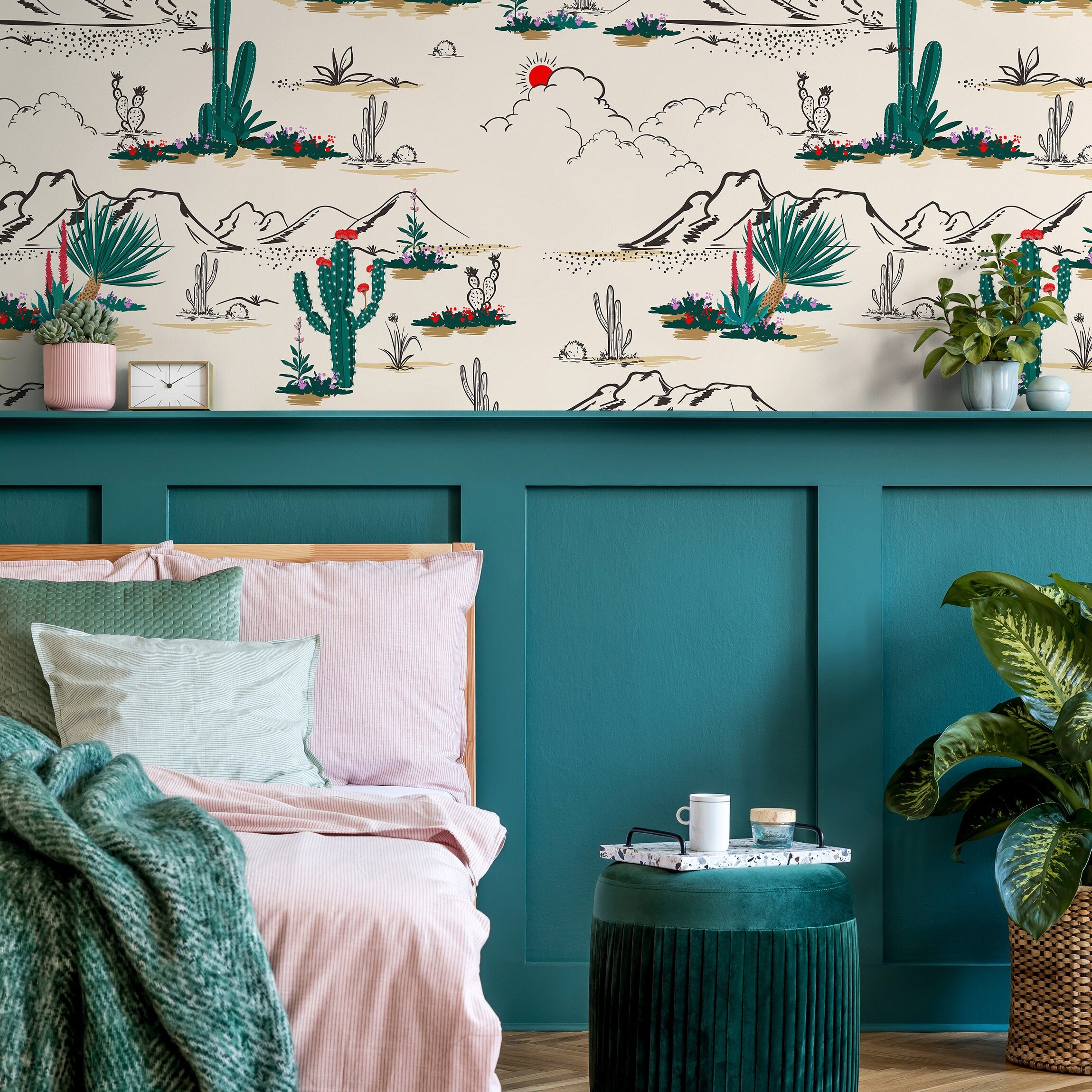 Desert Wallpaper With An Illustrated Cactus Scene In Green, Red, And Black - B428