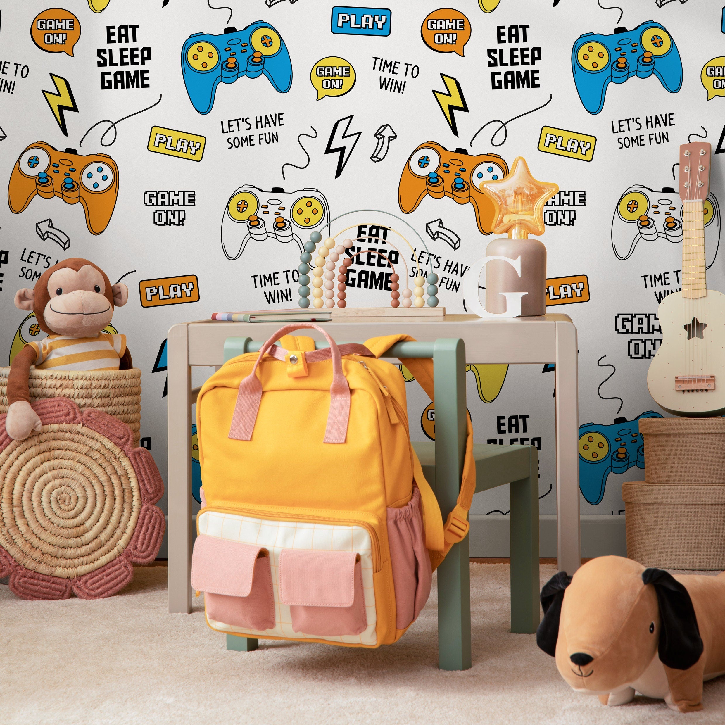 Gamer Wallpaper With Video Game Controllers In Blue, Yellow, And Orange - B534