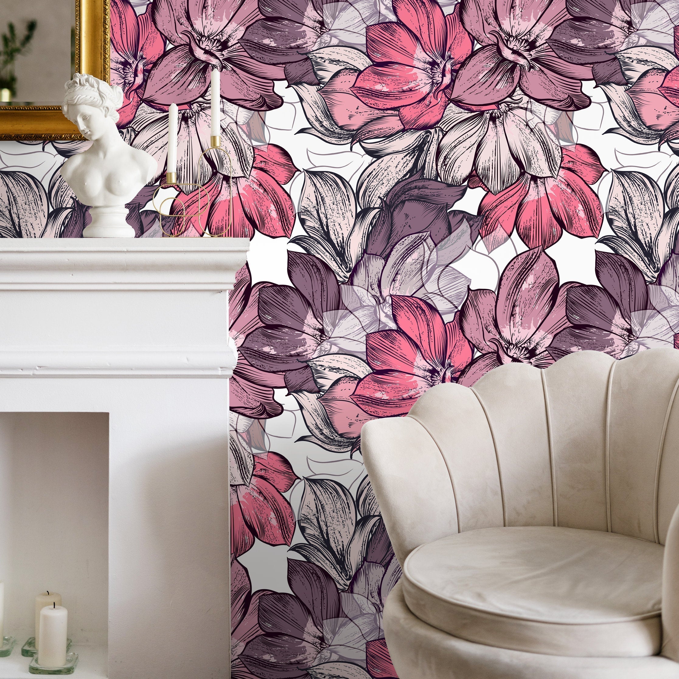 Floral Wallpaper With A Large-scale Sketched Motif In Pink And Purple - B556