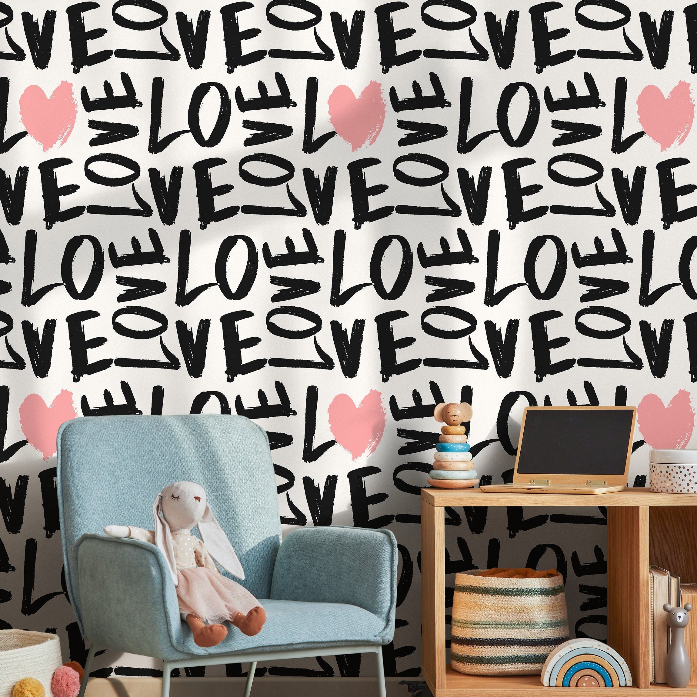 Abstract Wallpaper With Brushstroke Love And Hearts In Black And Pink - B557