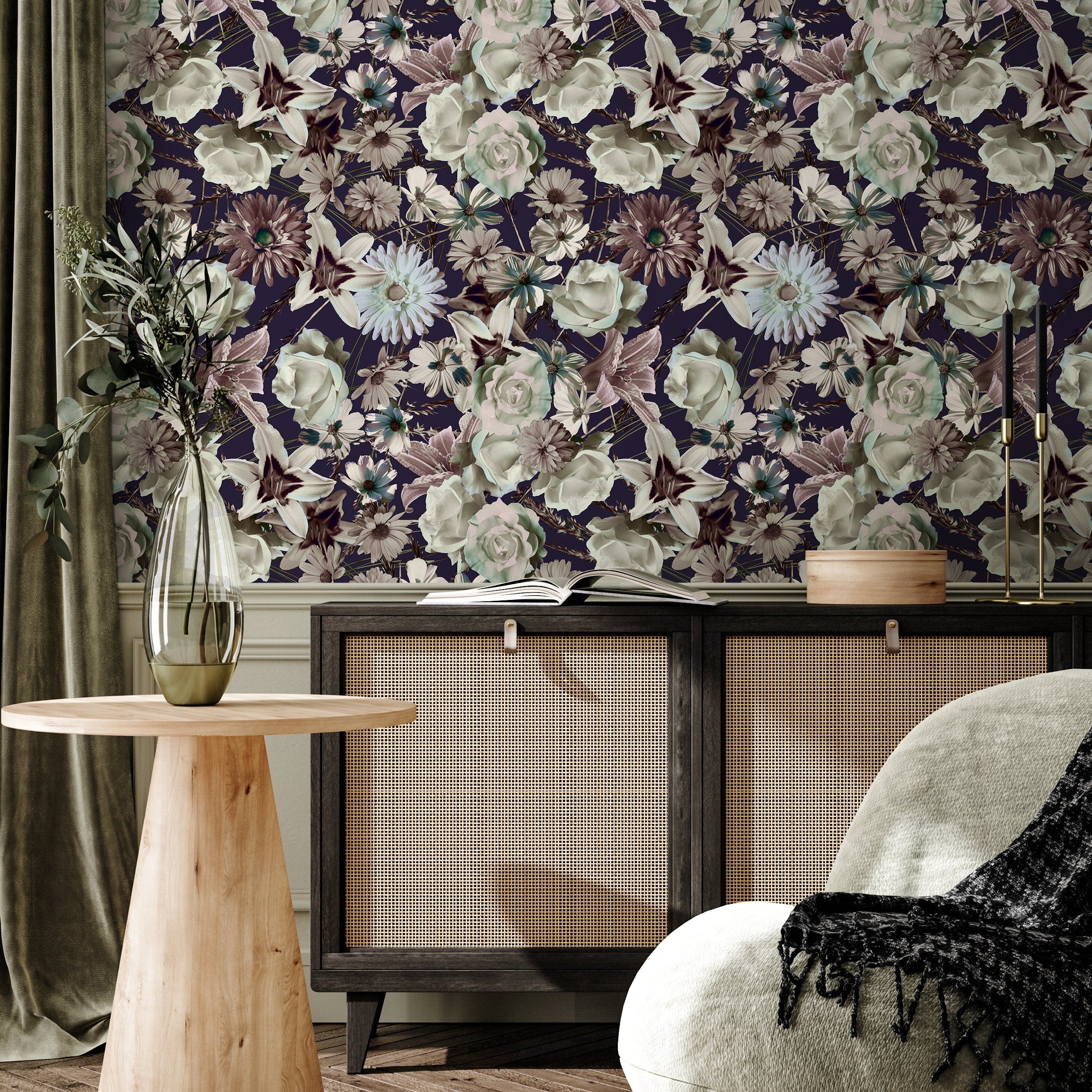Floral Wallpaper Featuring A Moody Bouquet In Dark Purple, Green, And Mauve - B558