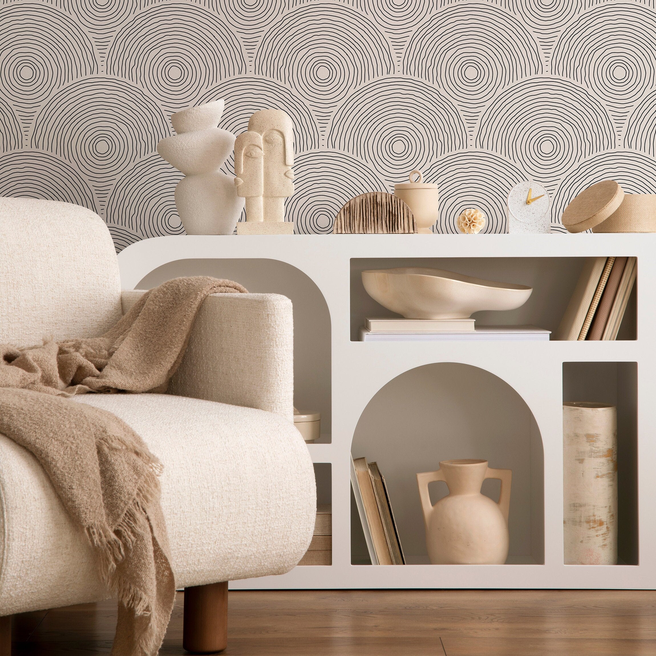 Abstract Wallpaper With Hand-drawn Concentric Arches In Black And Light Beige - B628