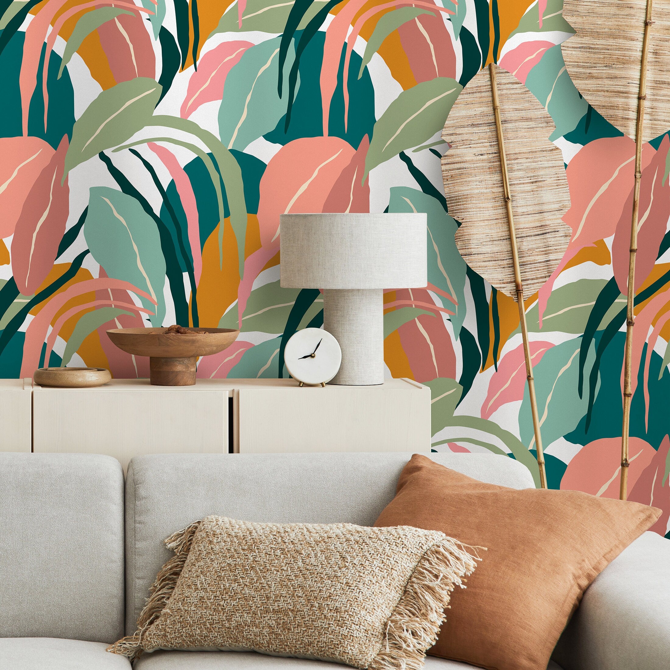 Botanical Wallpaper Featuring Abstract Tropical Leaves In Teal, Pink, And Yellow - B635
