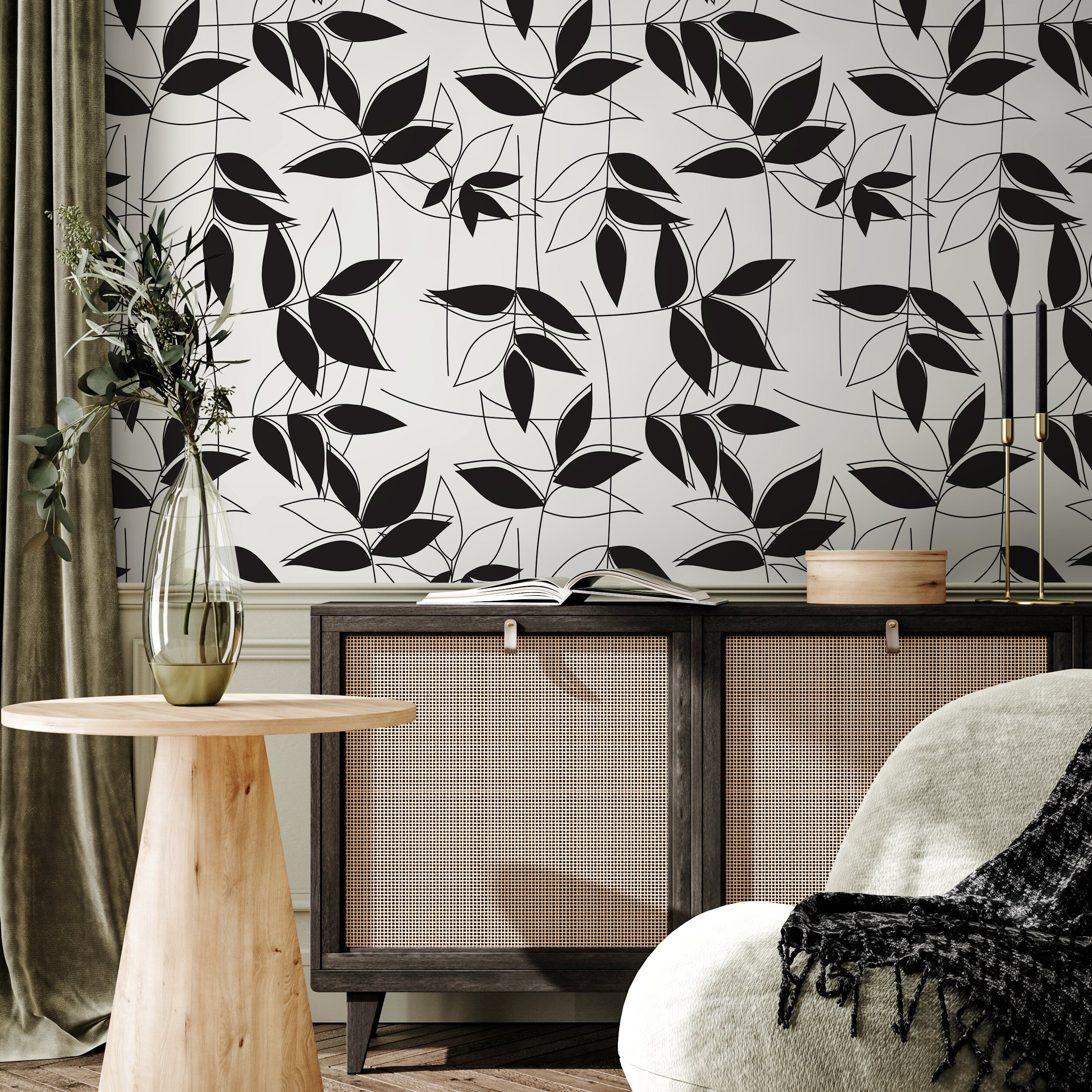 Botanical Wallpaper With A Modern Leaf Trellis In Black And White - B683