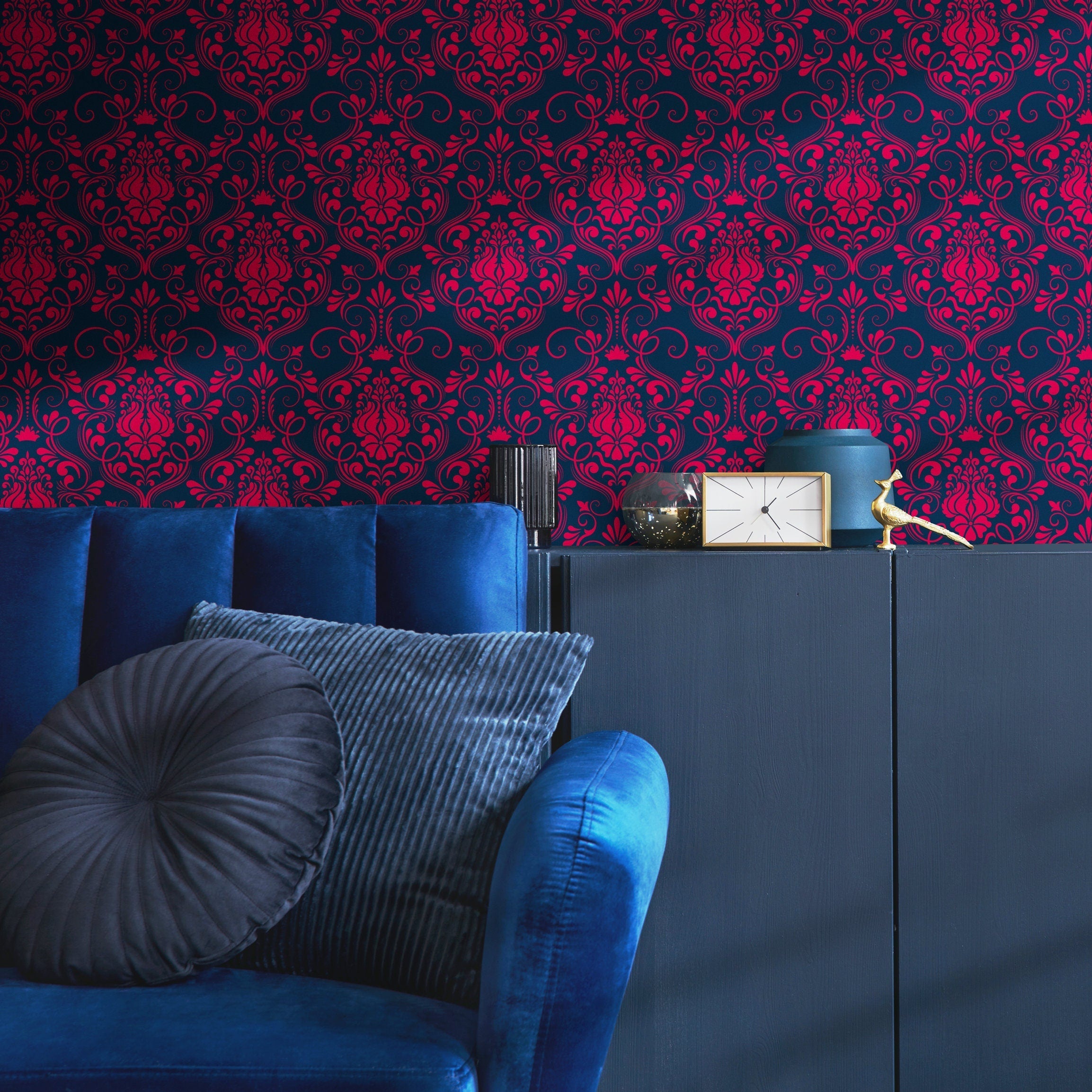 Classic Damask Wallpaper In Magenta And Navy Blue - B685