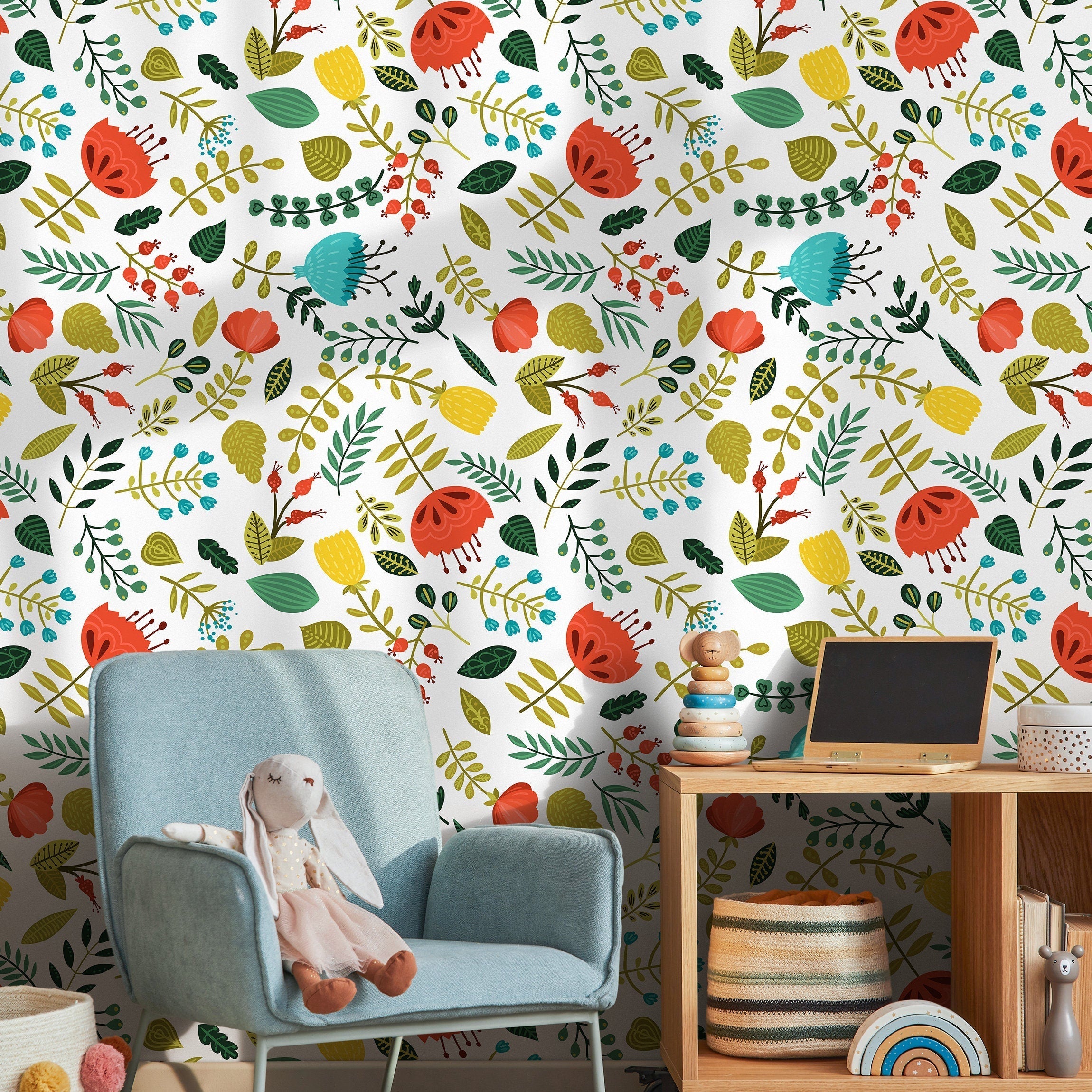 Botanical Wallpaper With Folk Art Florals In Red, Yellow, And Teal - B690