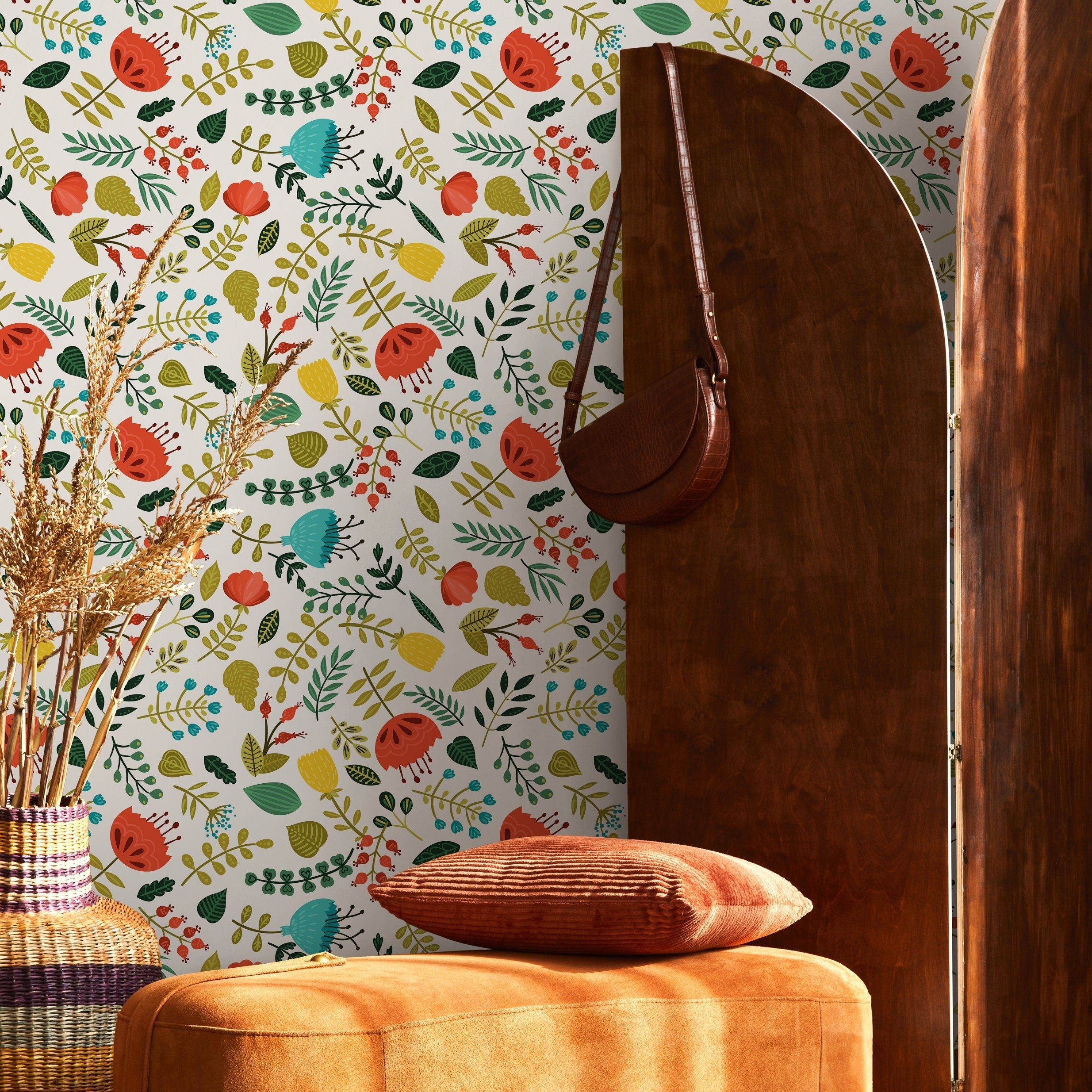 Botanical Wallpaper With Folk Art Florals In Red, Yellow, And Teal - B690