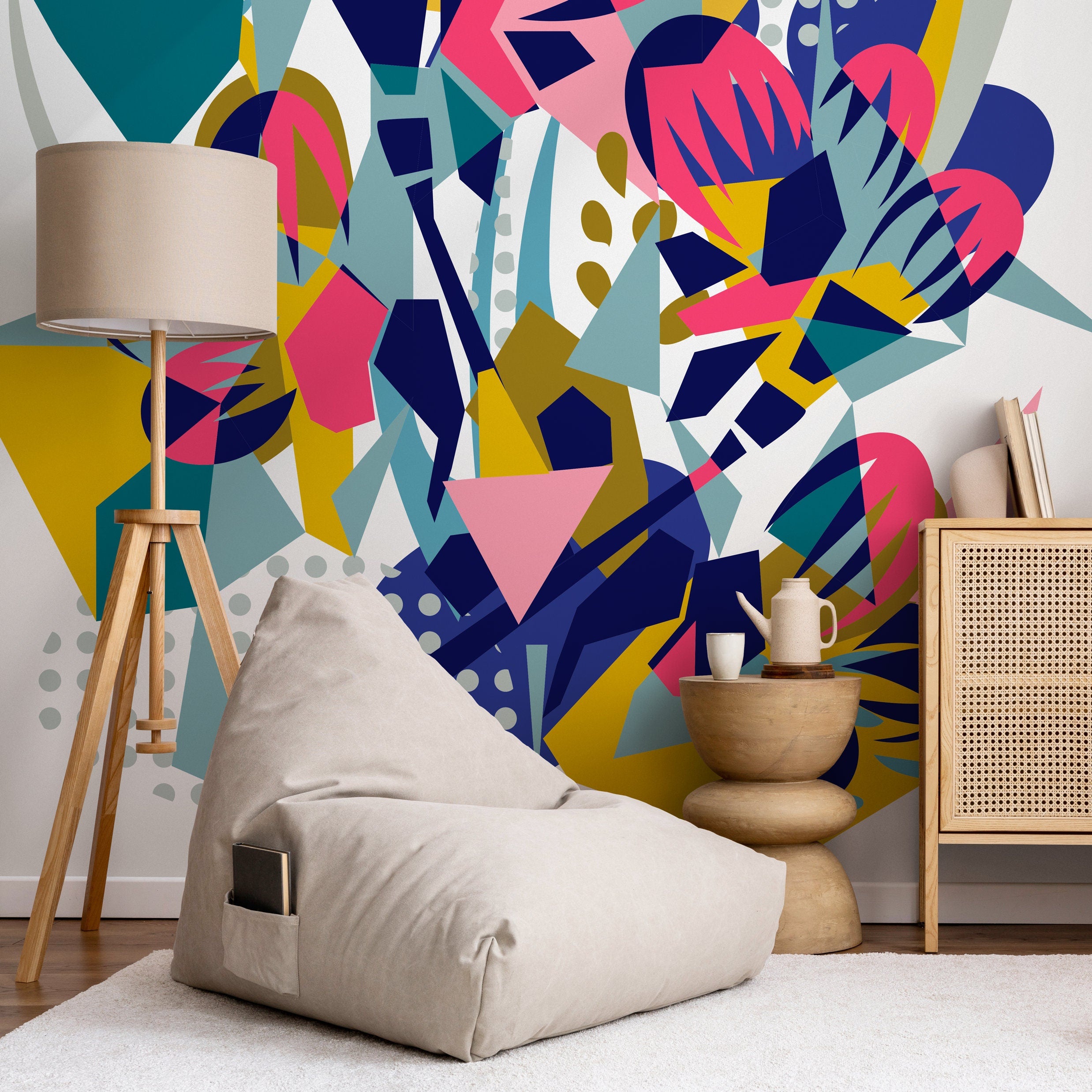Abstract Wallpaper With A Modern Collage In Blue, Pink, And Yellow - B705