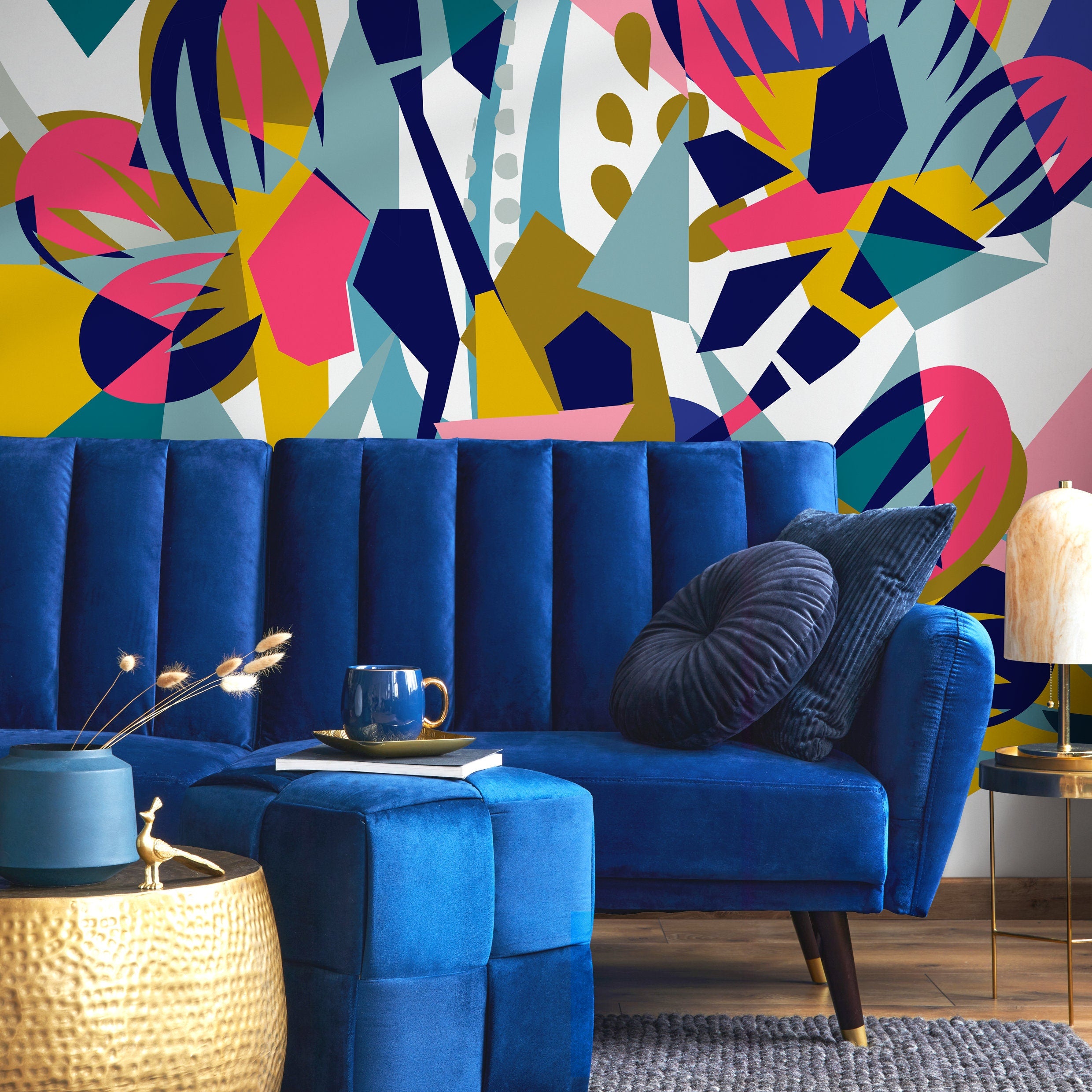 Abstract Wallpaper With A Modern Collage In Blue, Pink, And Yellow - B705