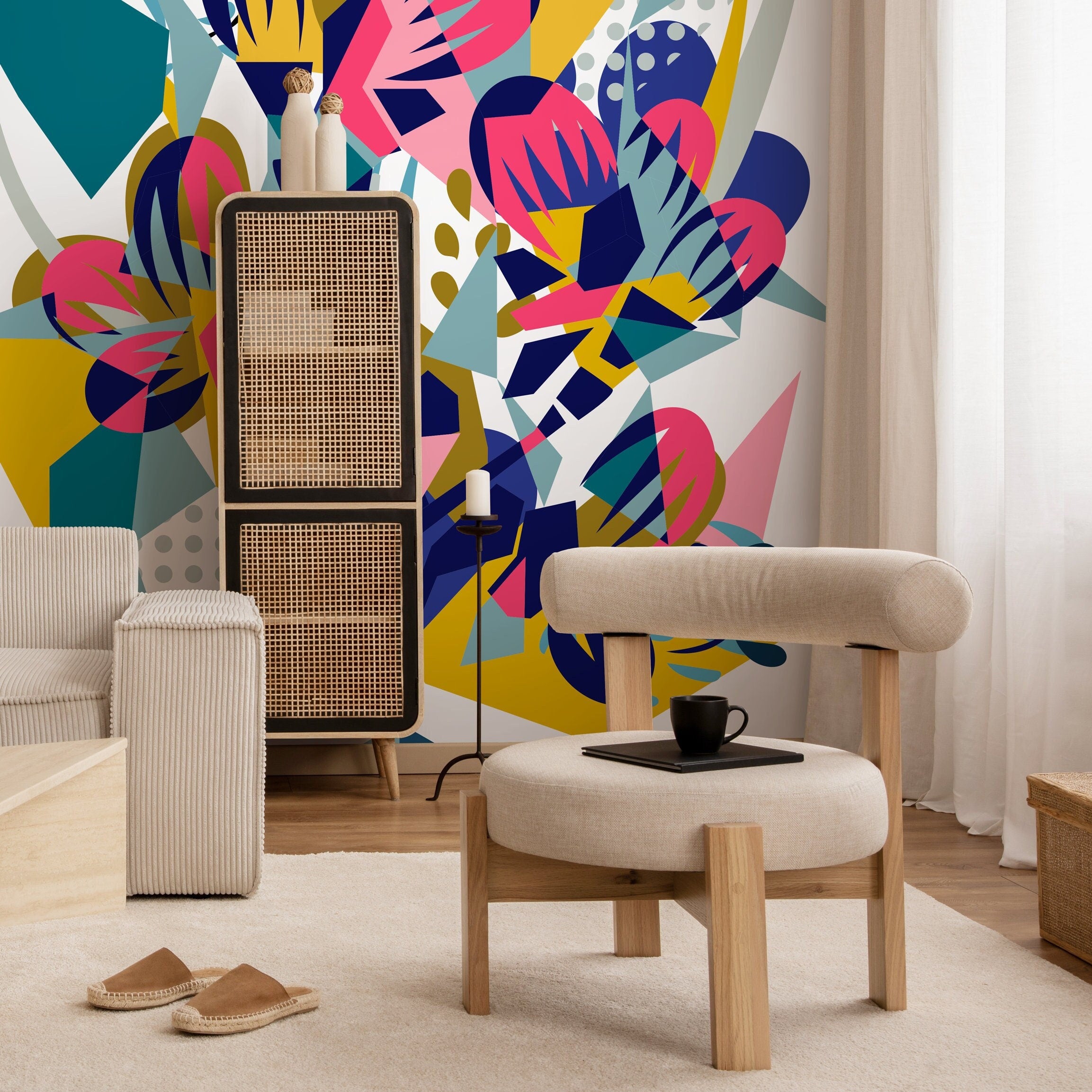 Abstract Wallpaper With A Modern Collage In Blue, Pink, And Yellow - B705