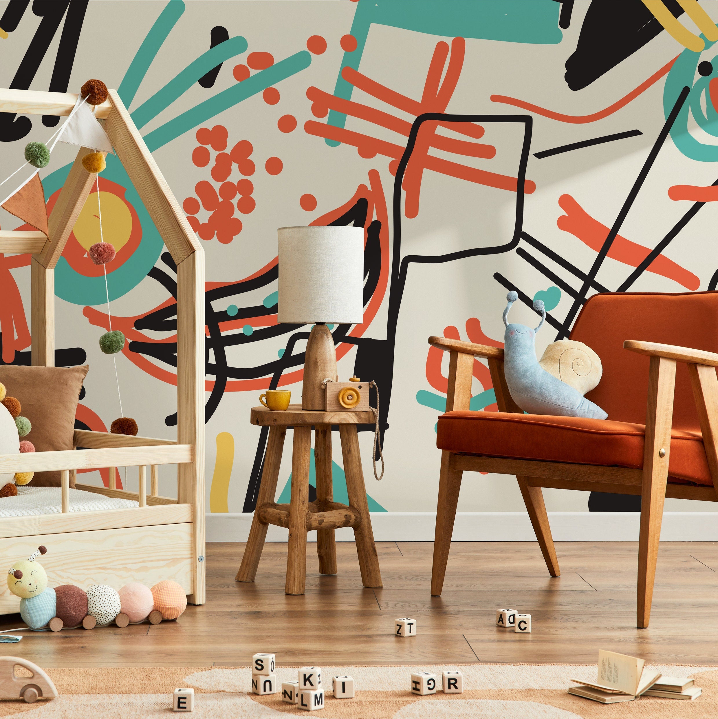 Abstract Wallpaper With Graphic Lines And Shapes In Black, Teal, And Yellow - B706