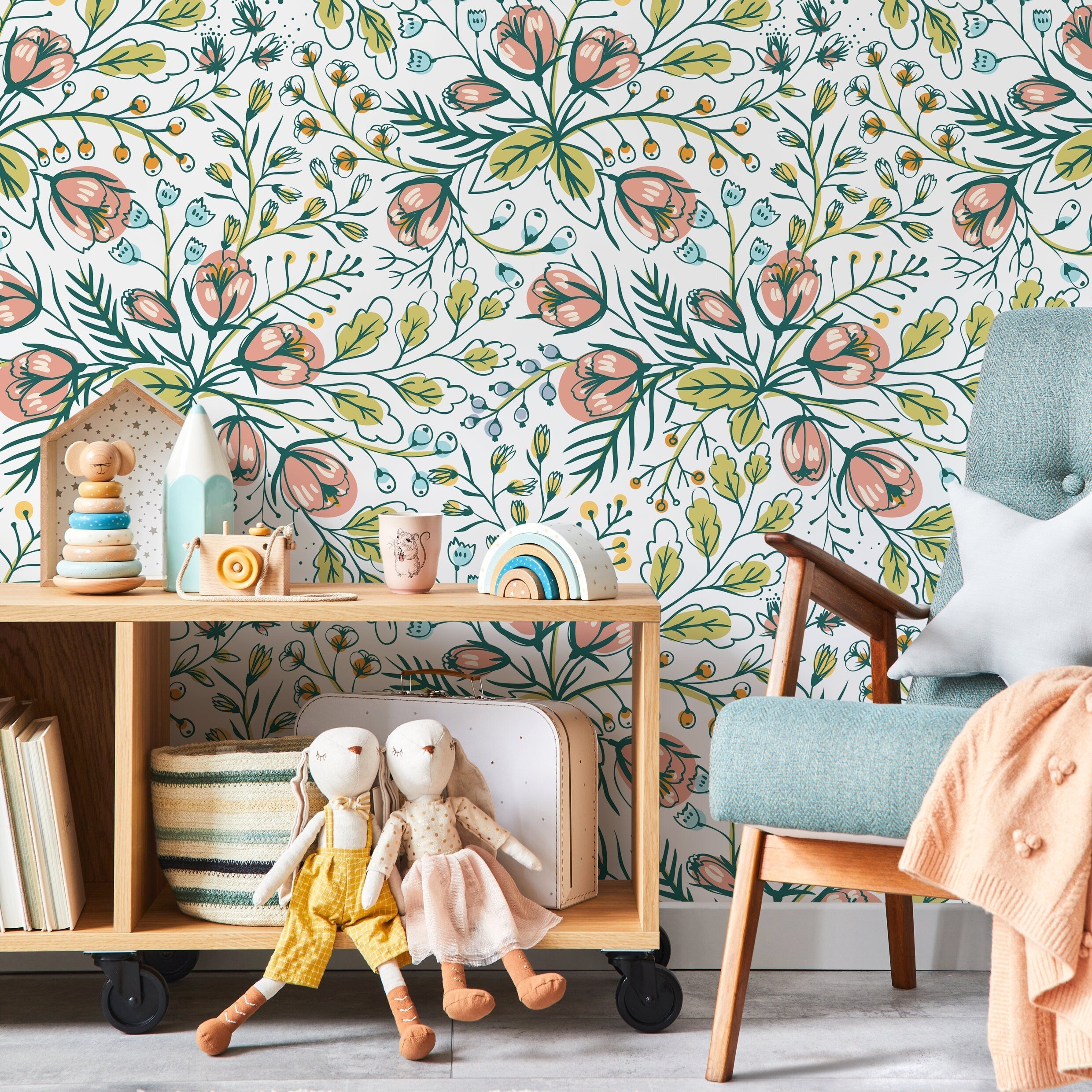 Botanical Wallpaper With Hand-drawn Blooms In Pink, Green, And Blue - B785