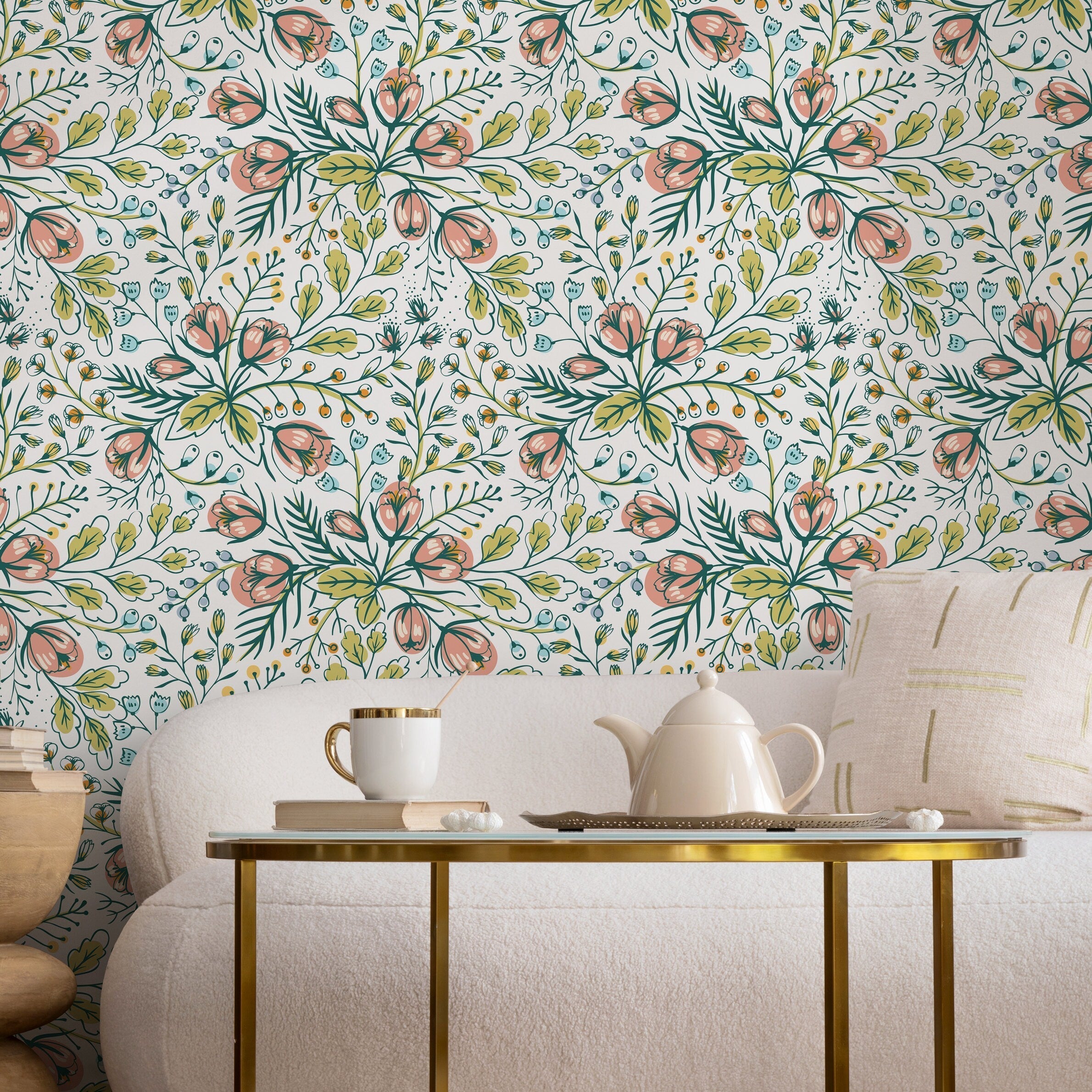 Botanical Wallpaper With Hand-drawn Blooms In Pink, Green, And Blue - B785