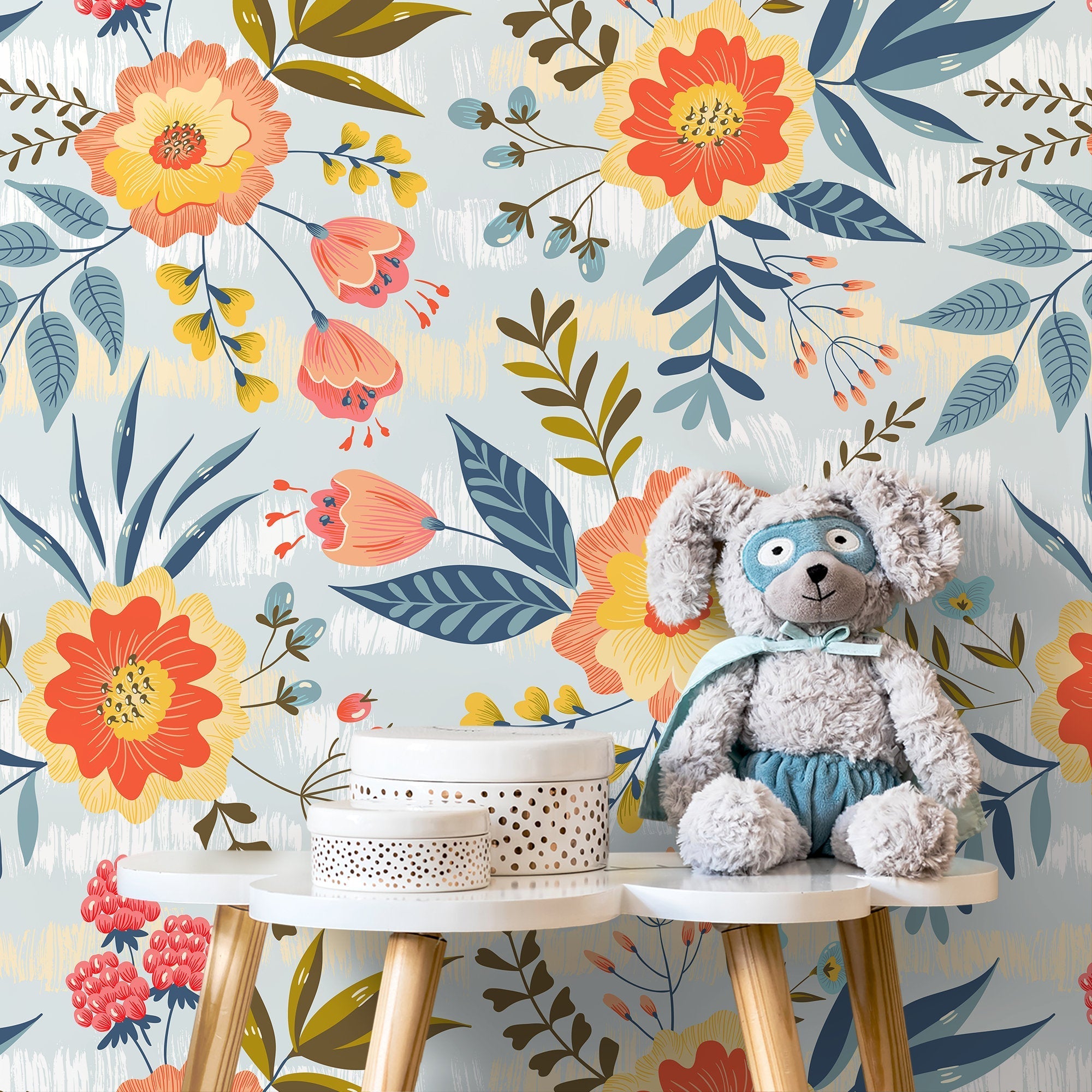 Floral Wallpaper Featuring Stylized Blooms And Berries In Blue, Orange, And Yellow - B799