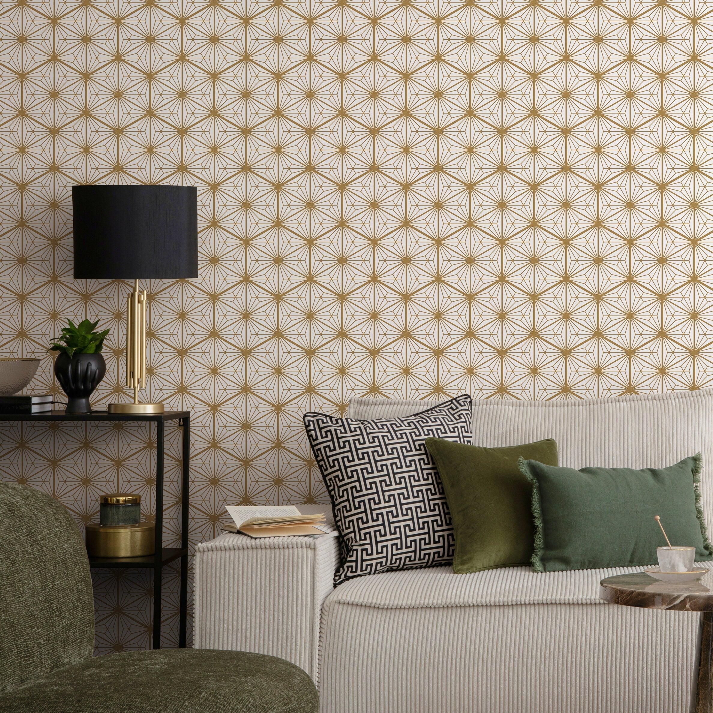 Geometric Wallpaper With An Art Deco Starburst Motif In Gold - B808