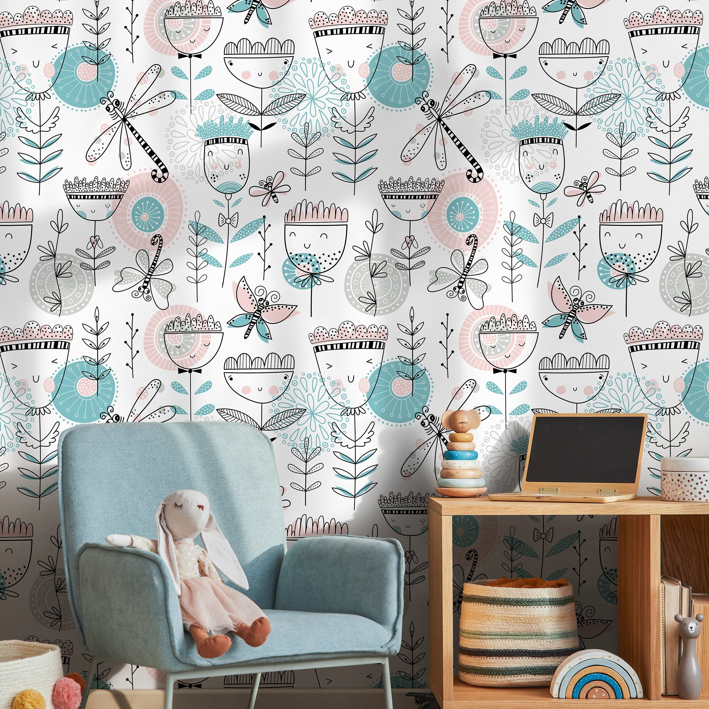 Kids Wallpaper With Whimsical Flowers And Dragonflies In Pink, Teal, And Black - B815