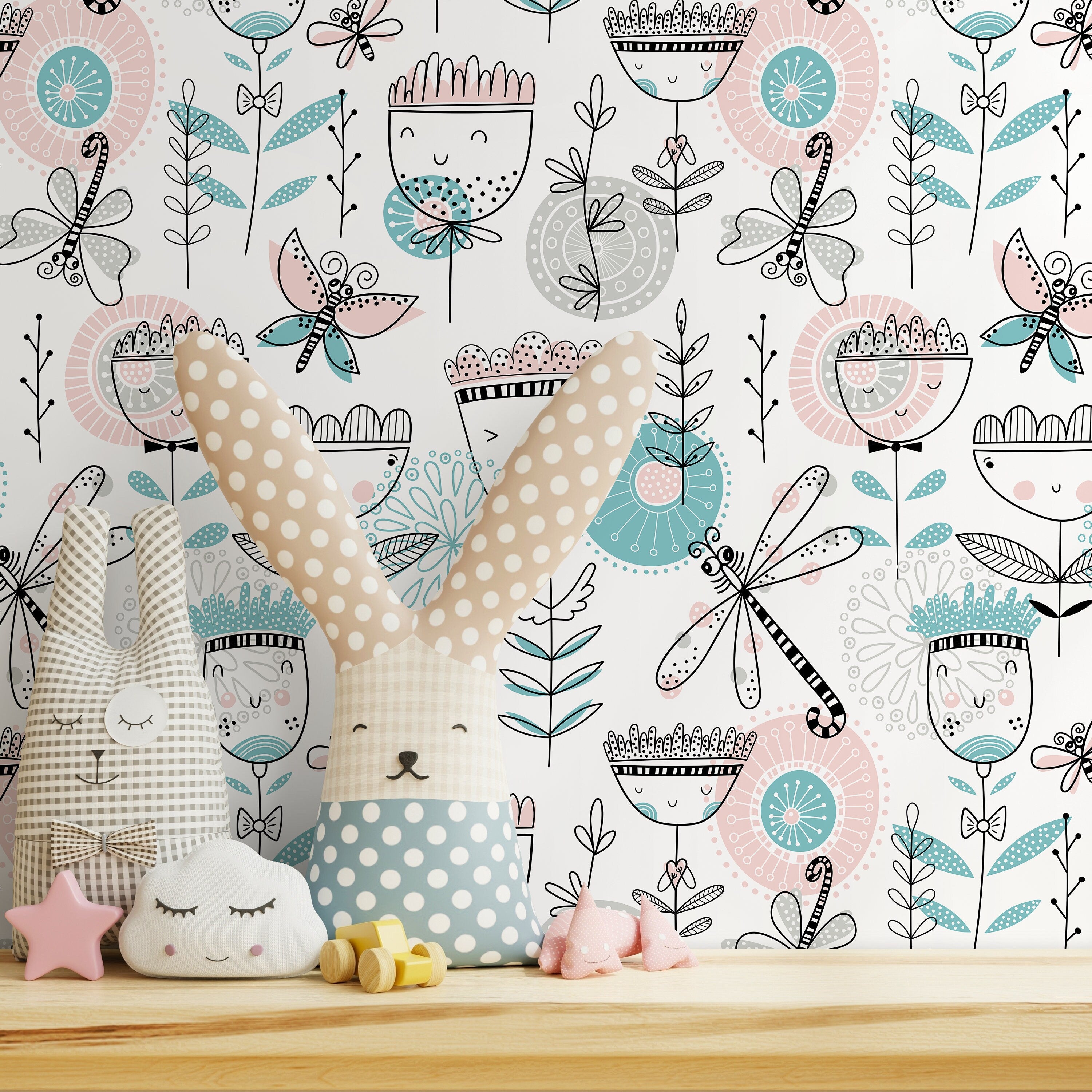 Kids Wallpaper With Whimsical Flowers And Dragonflies In Pink, Teal, And Black - B815