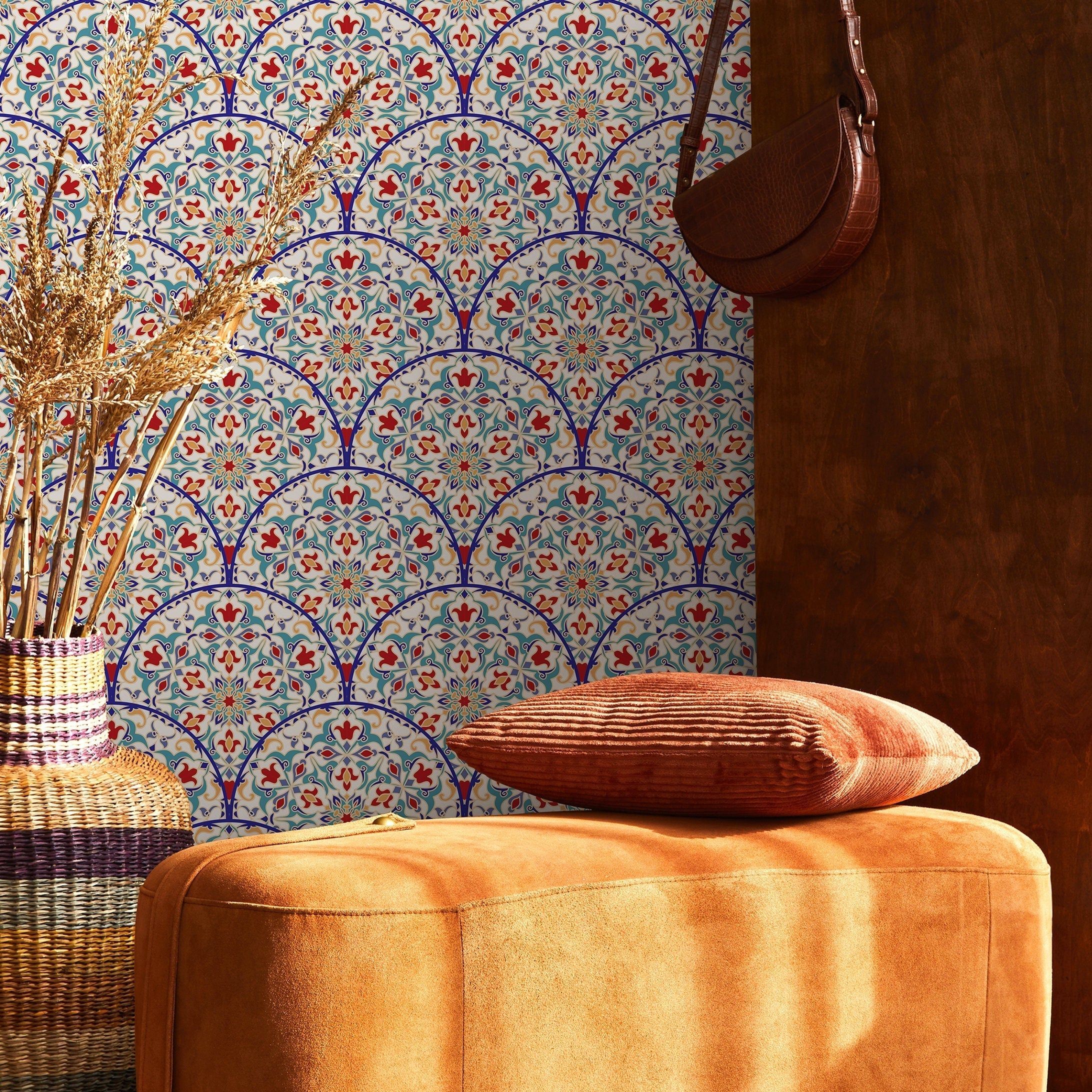 Tile Wallpaper With A Moroccan Azulejo Motif In Blue, Red, And Yellow - B820
