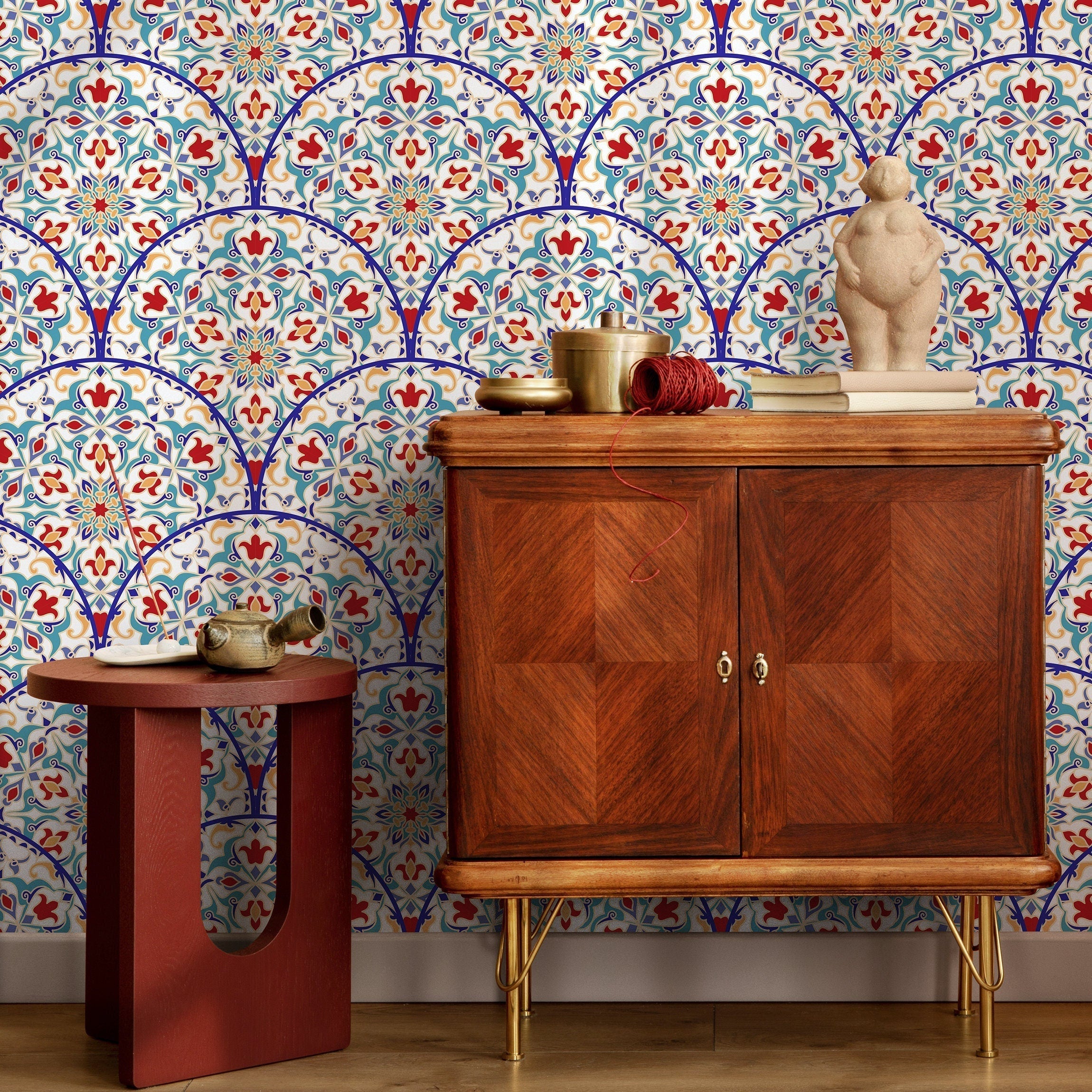 Tile Wallpaper With A Moroccan Azulejo Motif In Blue, Red, And Yellow - B820