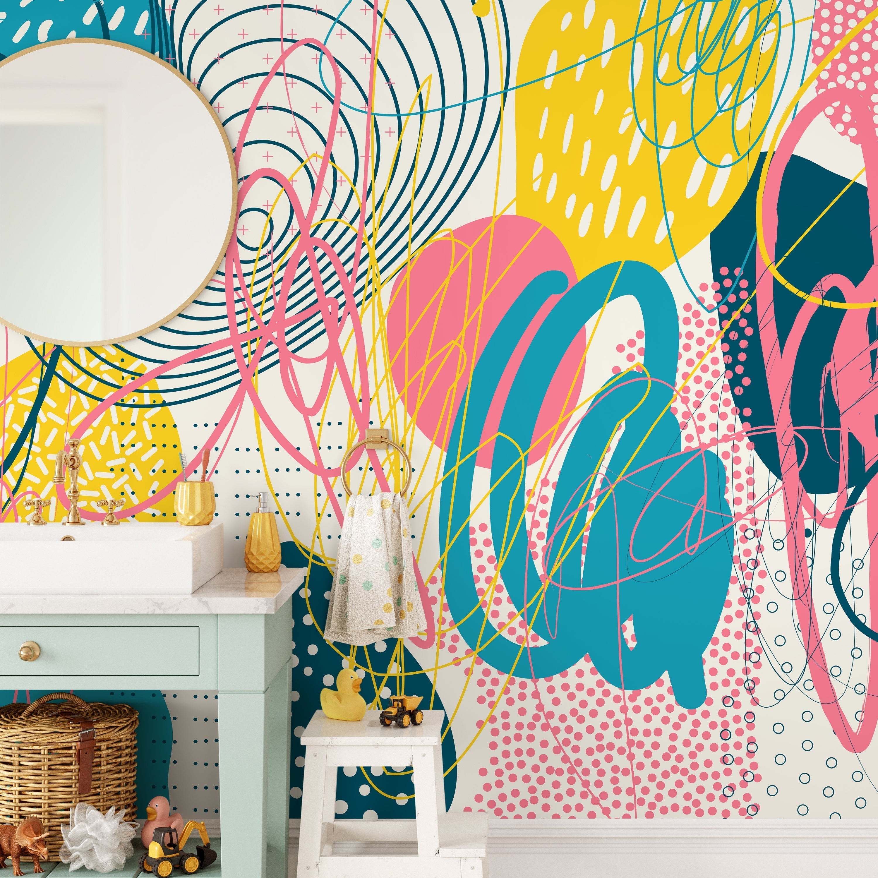 Abstract Wallpaper With Memphis Style Doodles In Teal, Yellow, And Pink - D994